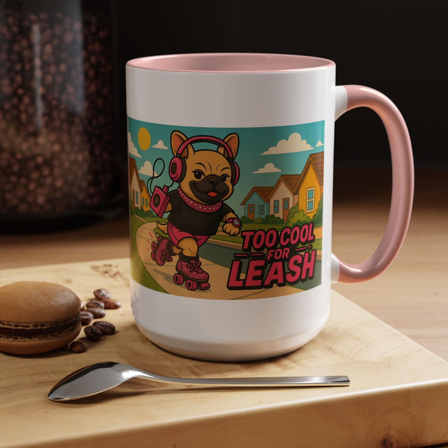 “Too Cool For Leash Mug – Retro Roller Skating Female French Bulldog in Pink & Black” - Chubby Little Cheeks Co.