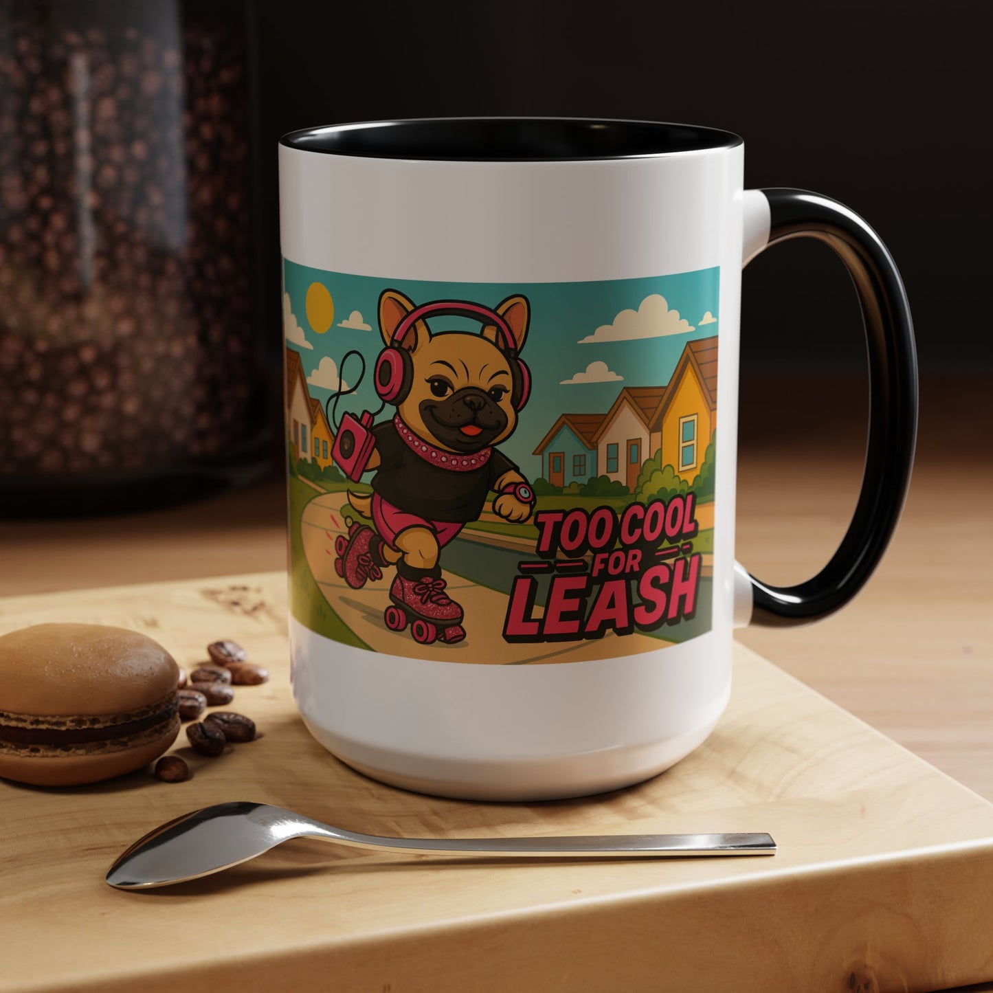 “Too Cool For Leash Mug – Retro Roller Skating Female French Bulldog in Pink & Black” - Chubby Little Cheeks Co.