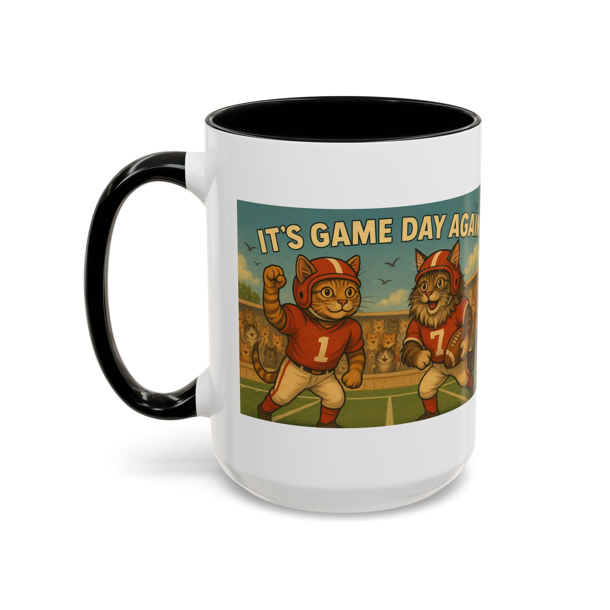 π Game Day Cats Mug β Vintage Football Tabby & Maine Coon in Red Jerseys - Chubby Little Cheeks Co.