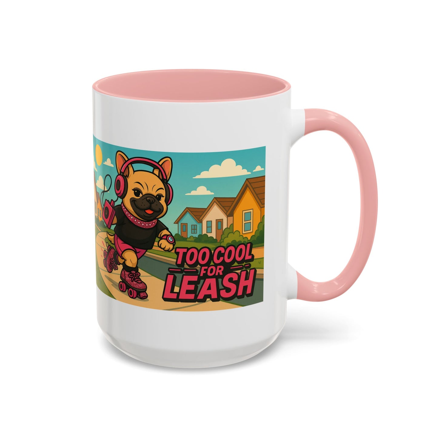 “Too Cool For Leash Mug – Retro Roller Skating Female French Bulldog in Pink & Black” - Chubby Little Cheeks Co.