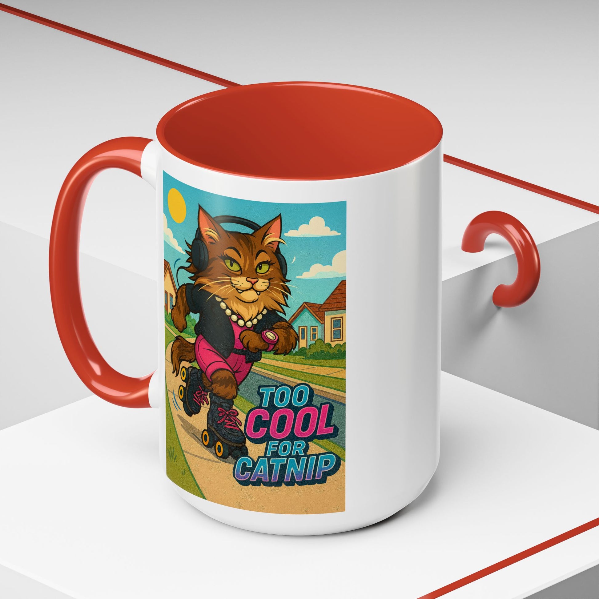 Female Maine Coon Cat Skater Mug – Too Cool for Catnip Retro Coffee Cup - Chubby Little Cheeks Co.