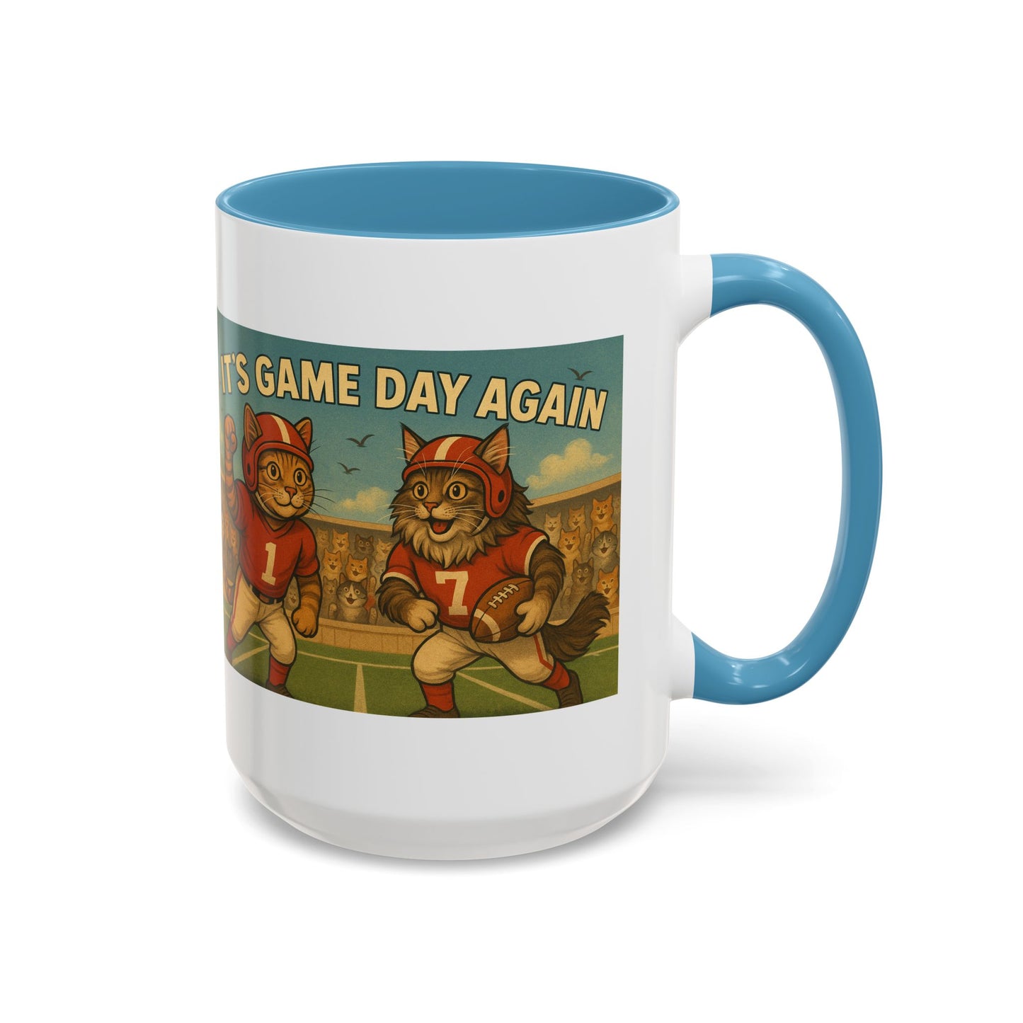π Game Day Cats Mug β Vintage Football Tabby & Maine Coon in Red Jerseys - Chubby Little Cheeks Co.