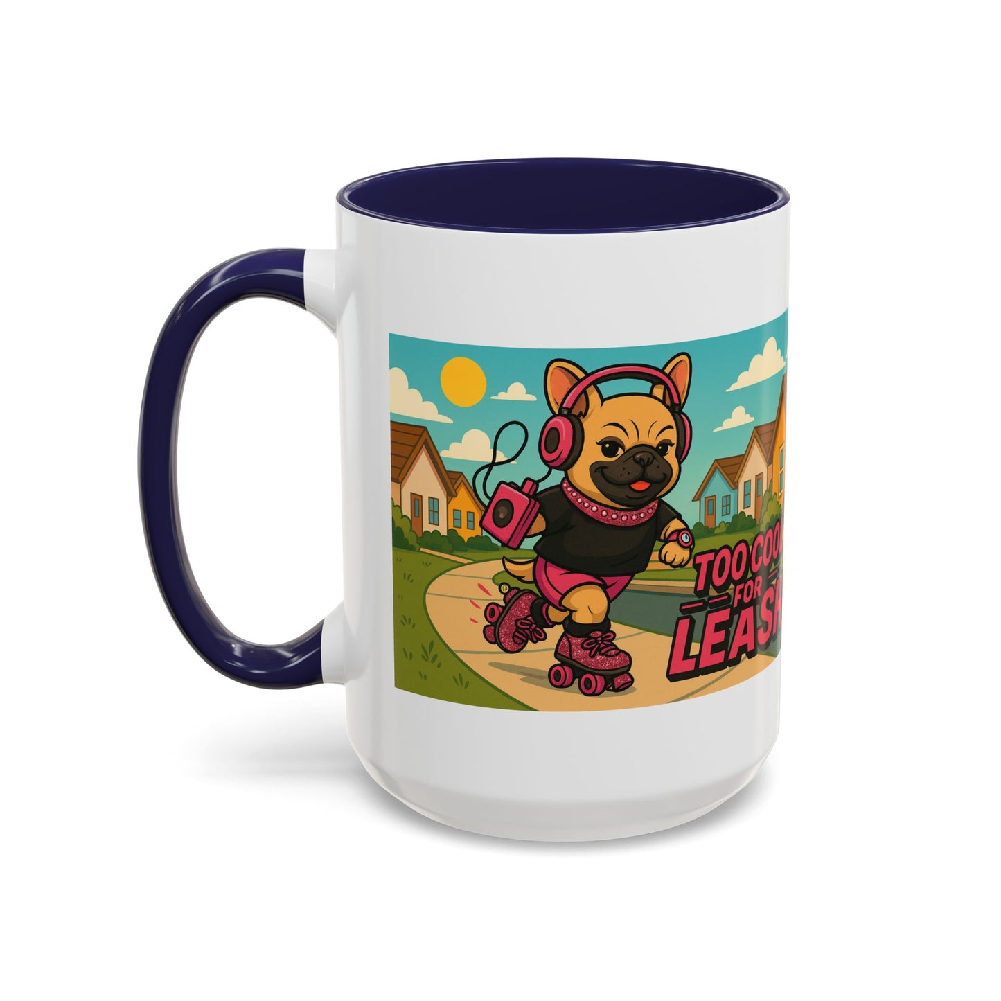 “Too Cool For Leash Mug – Retro Roller Skating Female French Bulldog in Pink & Black” - Chubby Little Cheeks Co.