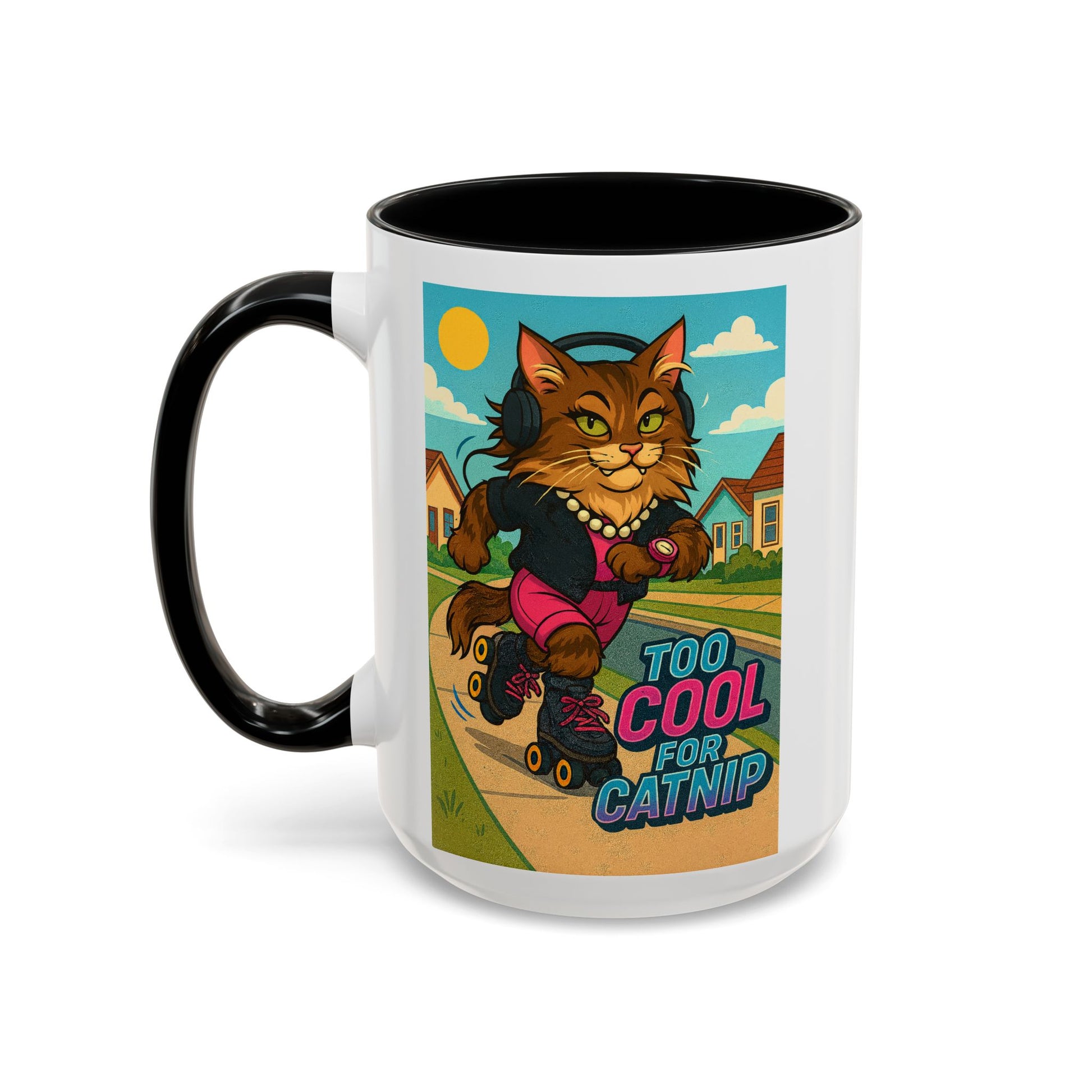 Female Maine Coon Cat Skater Mug – Too Cool for Catnip Retro Coffee Cup - Chubby Little Cheeks Co.