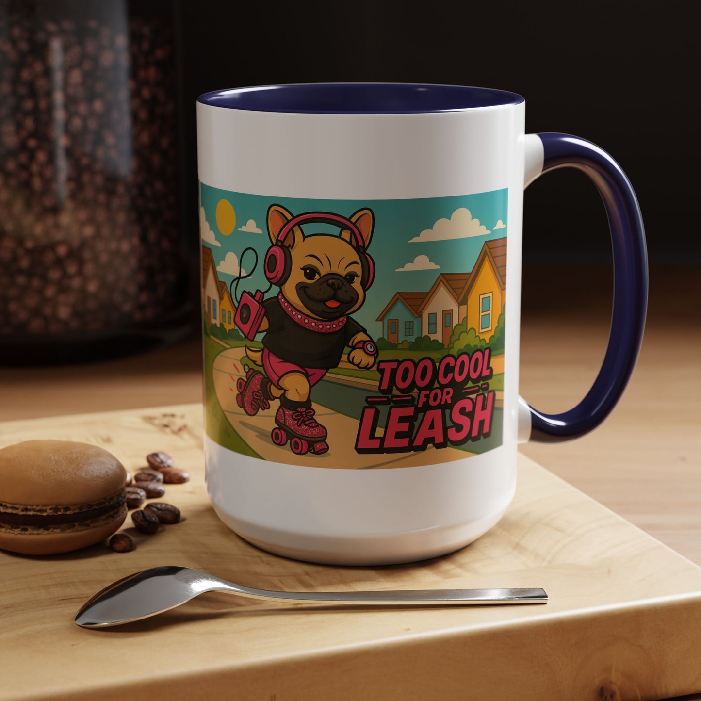 “Too Cool For Leash Mug – Retro Roller Skating Female French Bulldog in Pink & Black” - Chubby Little Cheeks Co.