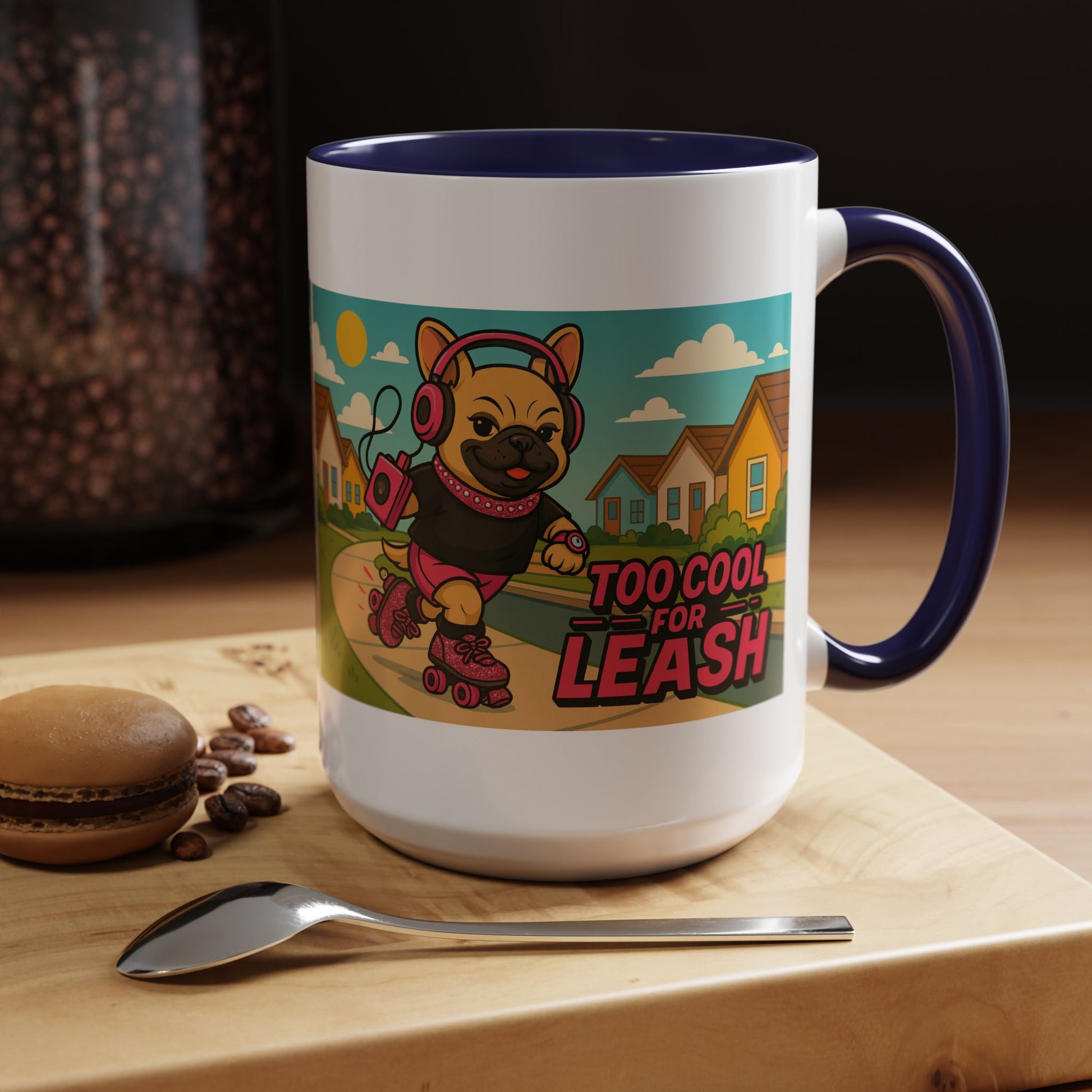 “Too Cool For Leash Mug – Retro Roller Skating Female French Bulldog in Pink & Black” - Chubby Little Cheeks Co.