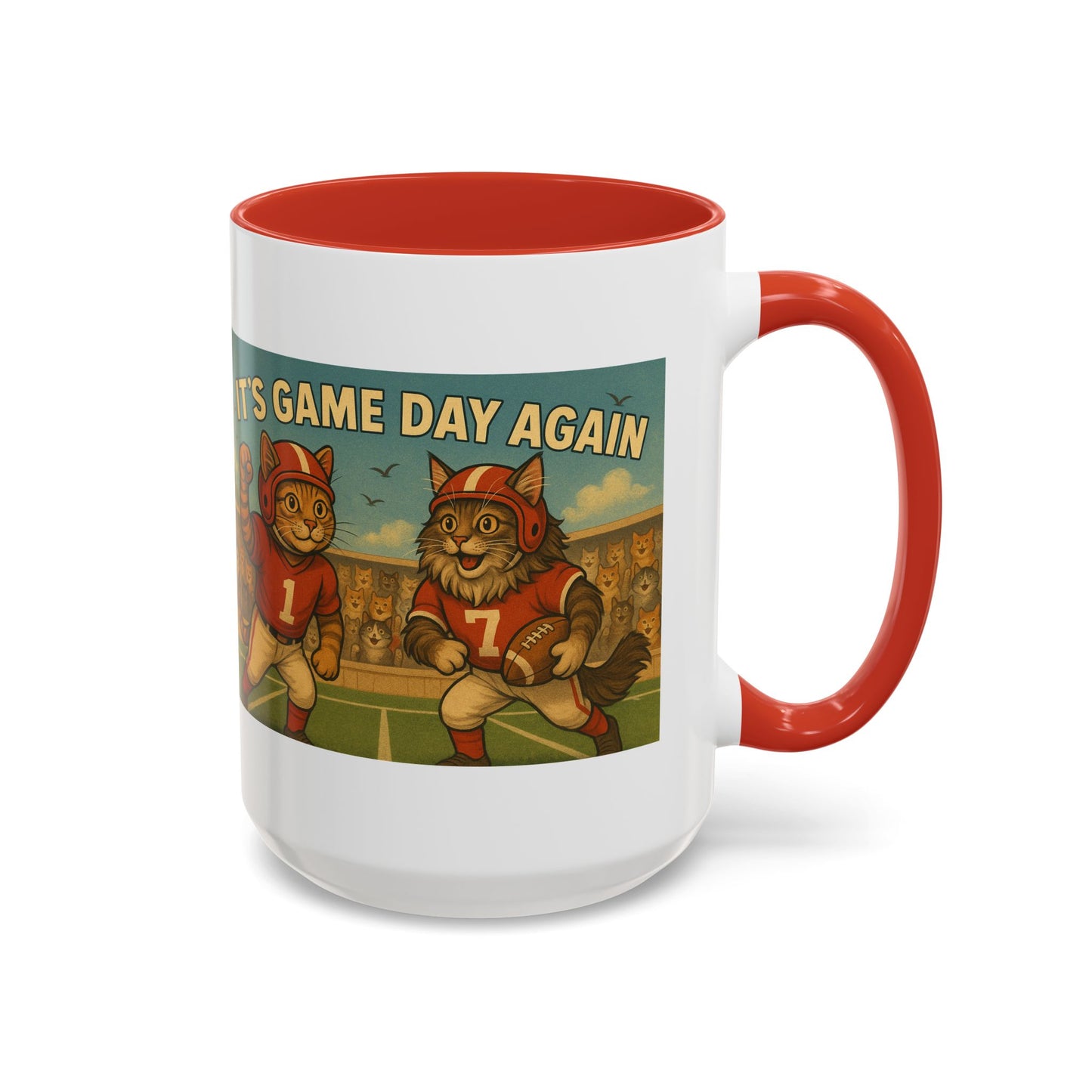 π Game Day Cats Mug β Vintage Football Tabby & Maine Coon in Red Jerseys - Chubby Little Cheeks Co.