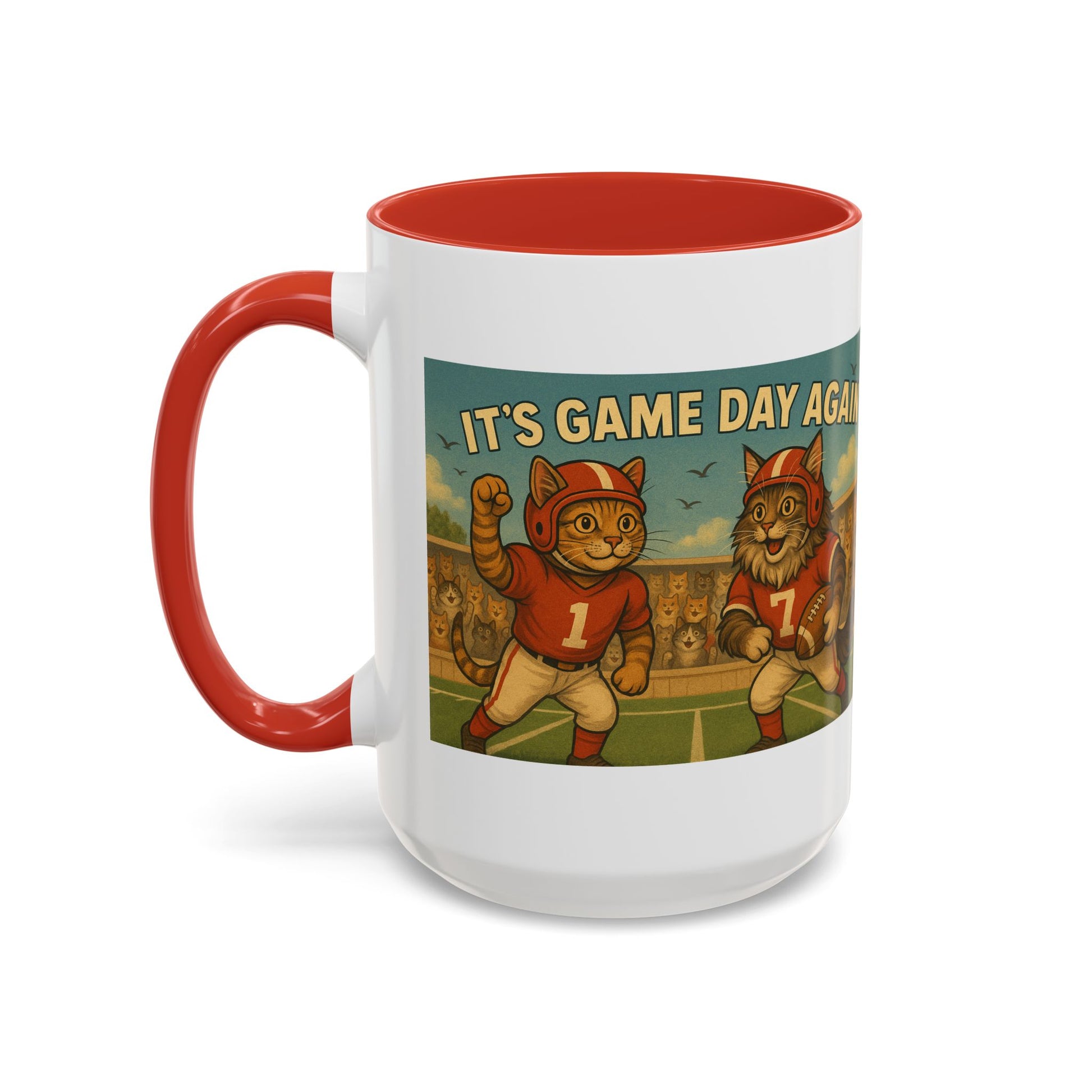 π Game Day Cats Mug β Vintage Football Tabby & Maine Coon in Red Jerseys - Chubby Little Cheeks Co.