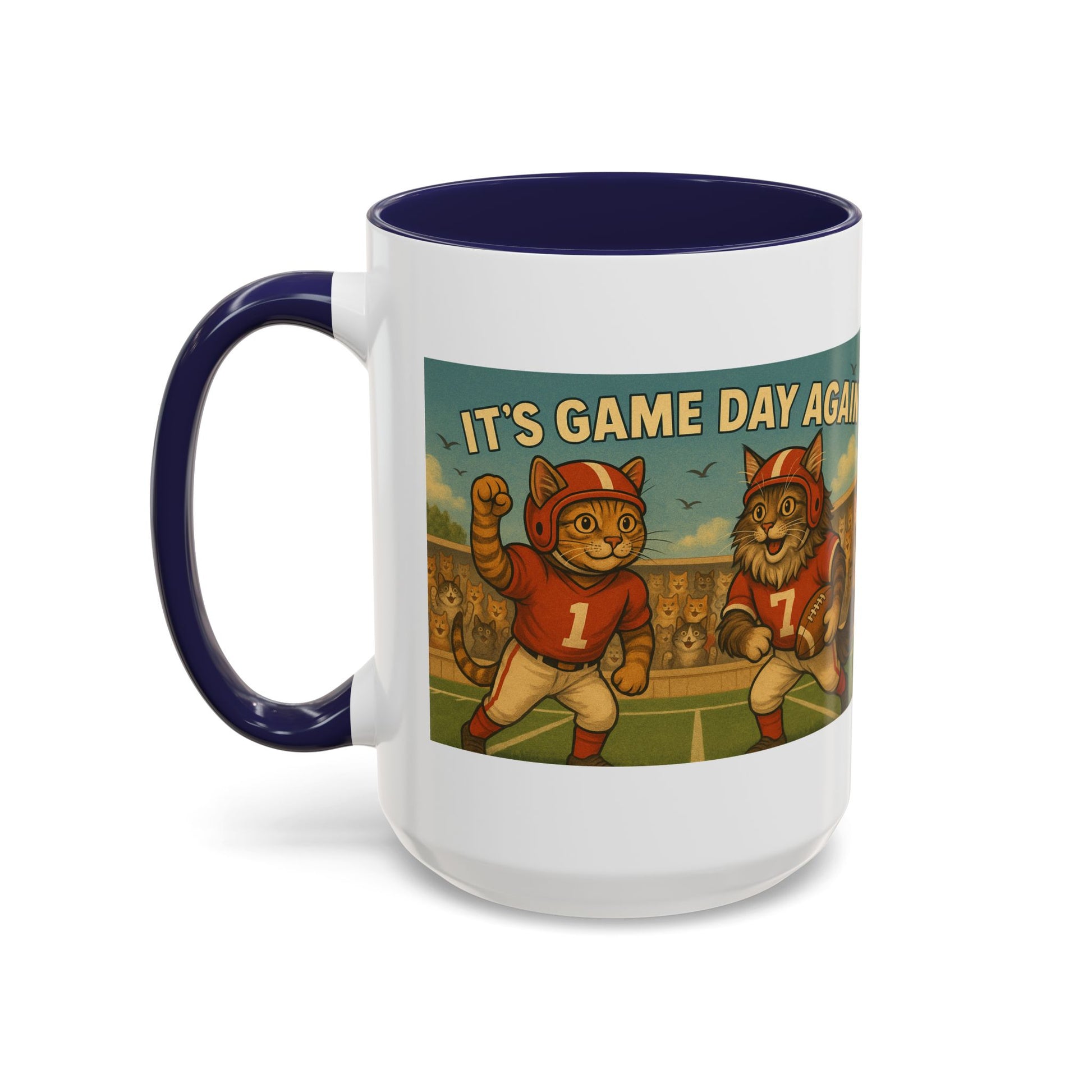 π Game Day Cats Mug β Vintage Football Tabby & Maine Coon in Red Jerseys - Chubby Little Cheeks Co.