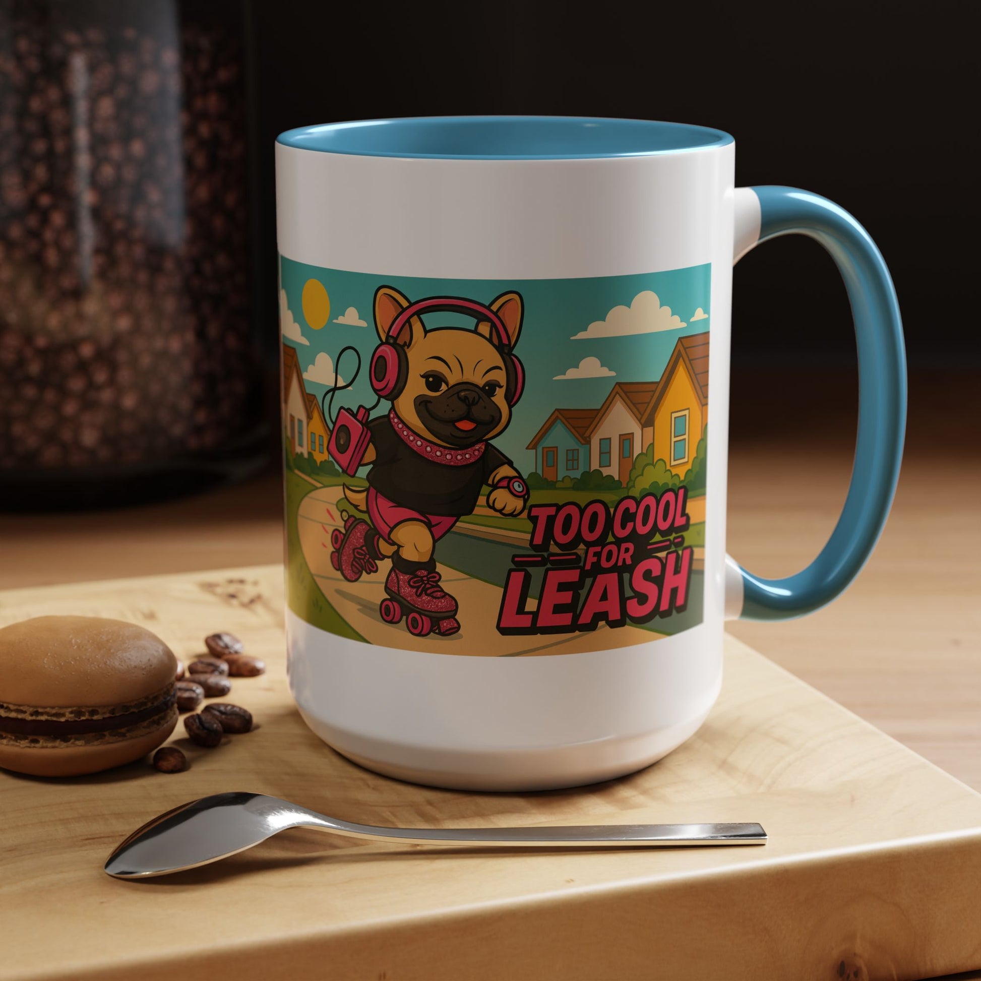 “Too Cool For Leash Mug – Retro Roller Skating Female French Bulldog in Pink & Black” - Chubby Little Cheeks Co.