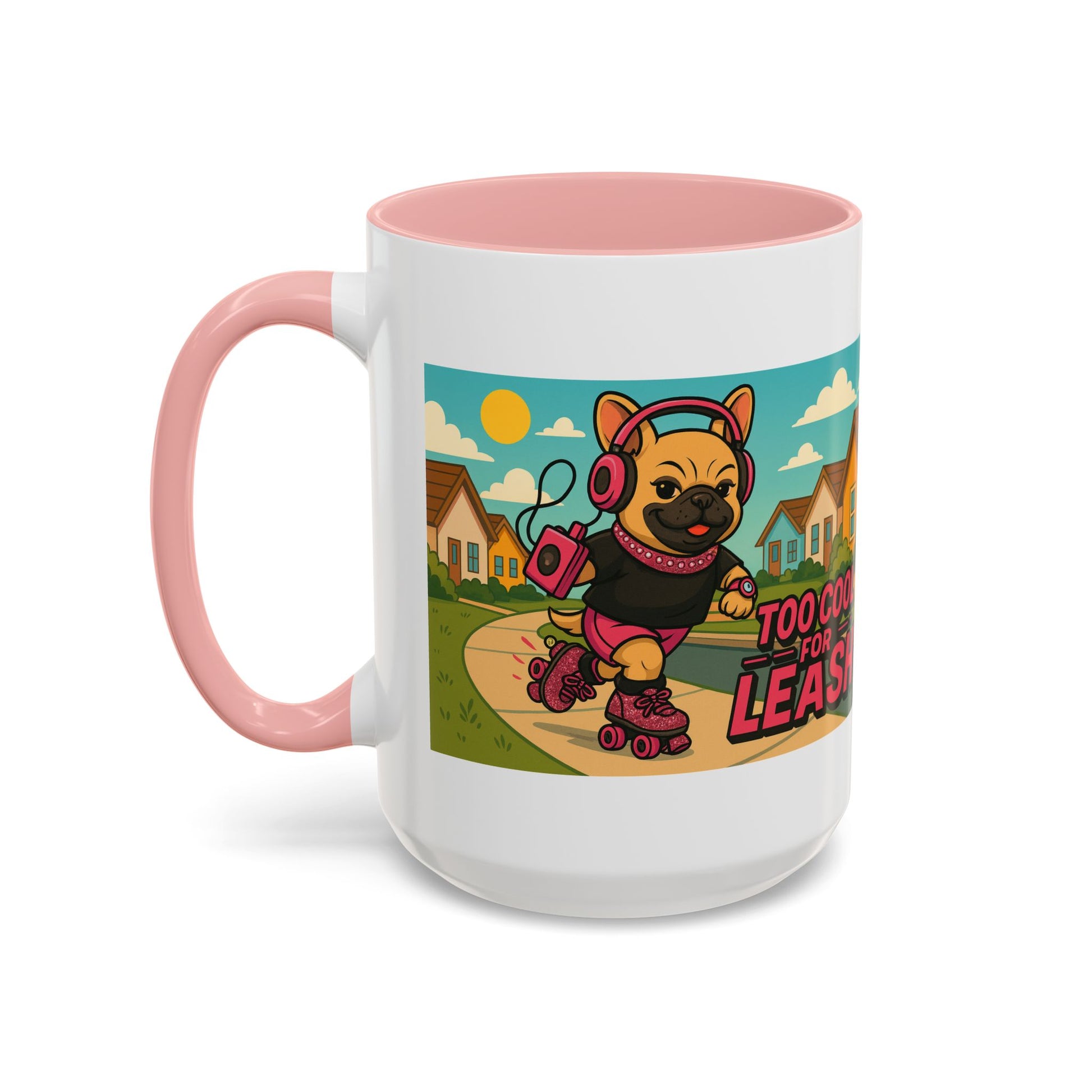 “Too Cool For Leash Mug – Retro Roller Skating Female French Bulldog in Pink & Black” - Chubby Little Cheeks Co.