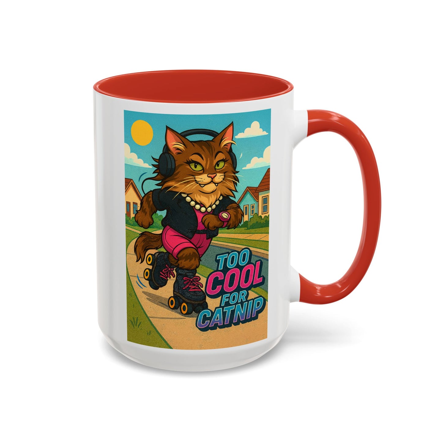 Female Maine Coon Cat Skater Mug – Too Cool for Catnip Retro Coffee Cup - Chubby Little Cheeks Co.