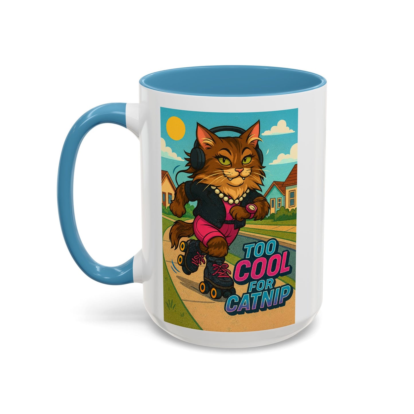 Female Maine Coon Cat Skater Mug – Too Cool for Catnip Retro Coffee Cup - Chubby Little Cheeks Co.