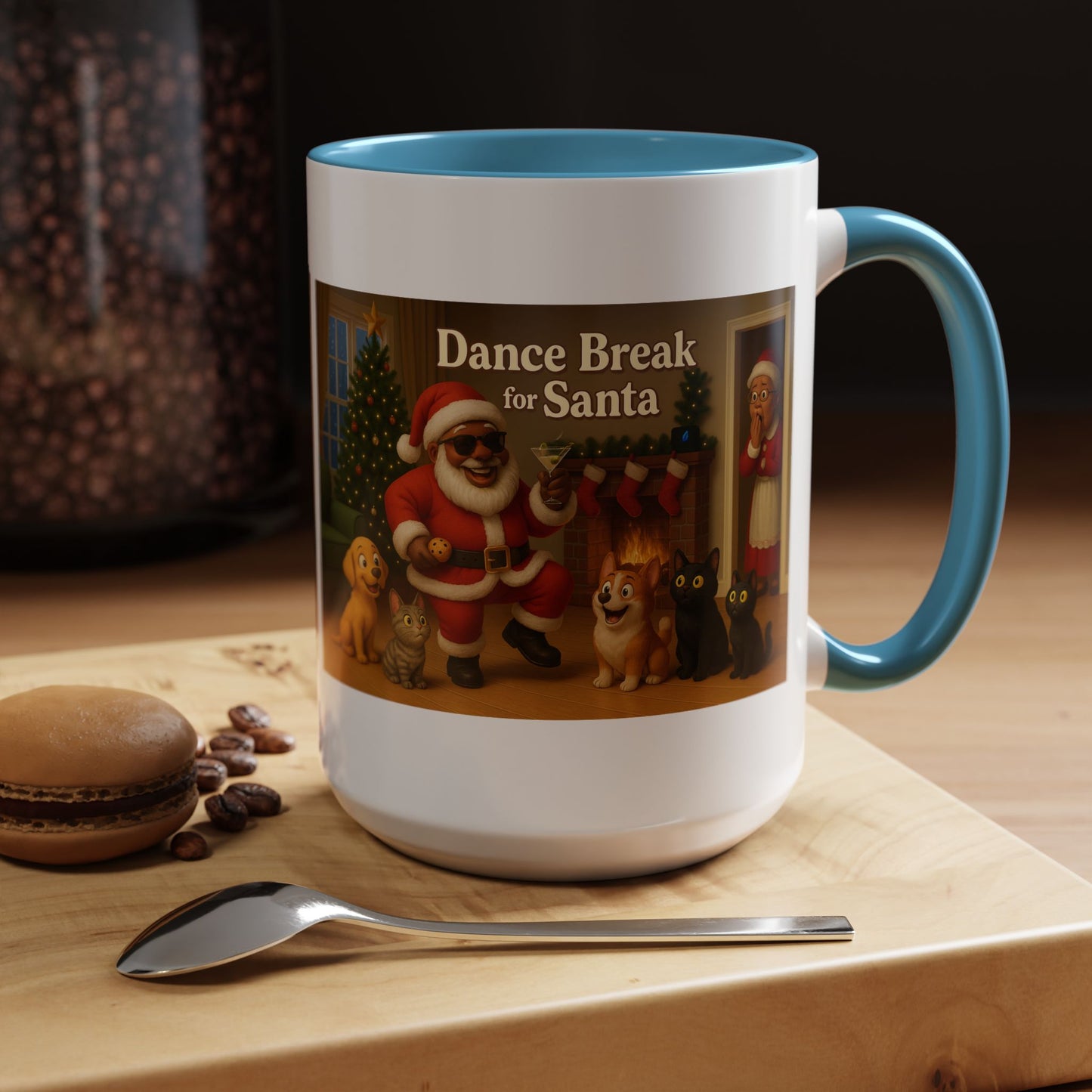 Dance Break for (Blk) Santa Coffee Mug — Festive Christmas Santa & Dogs Holiday Mug (15oz)