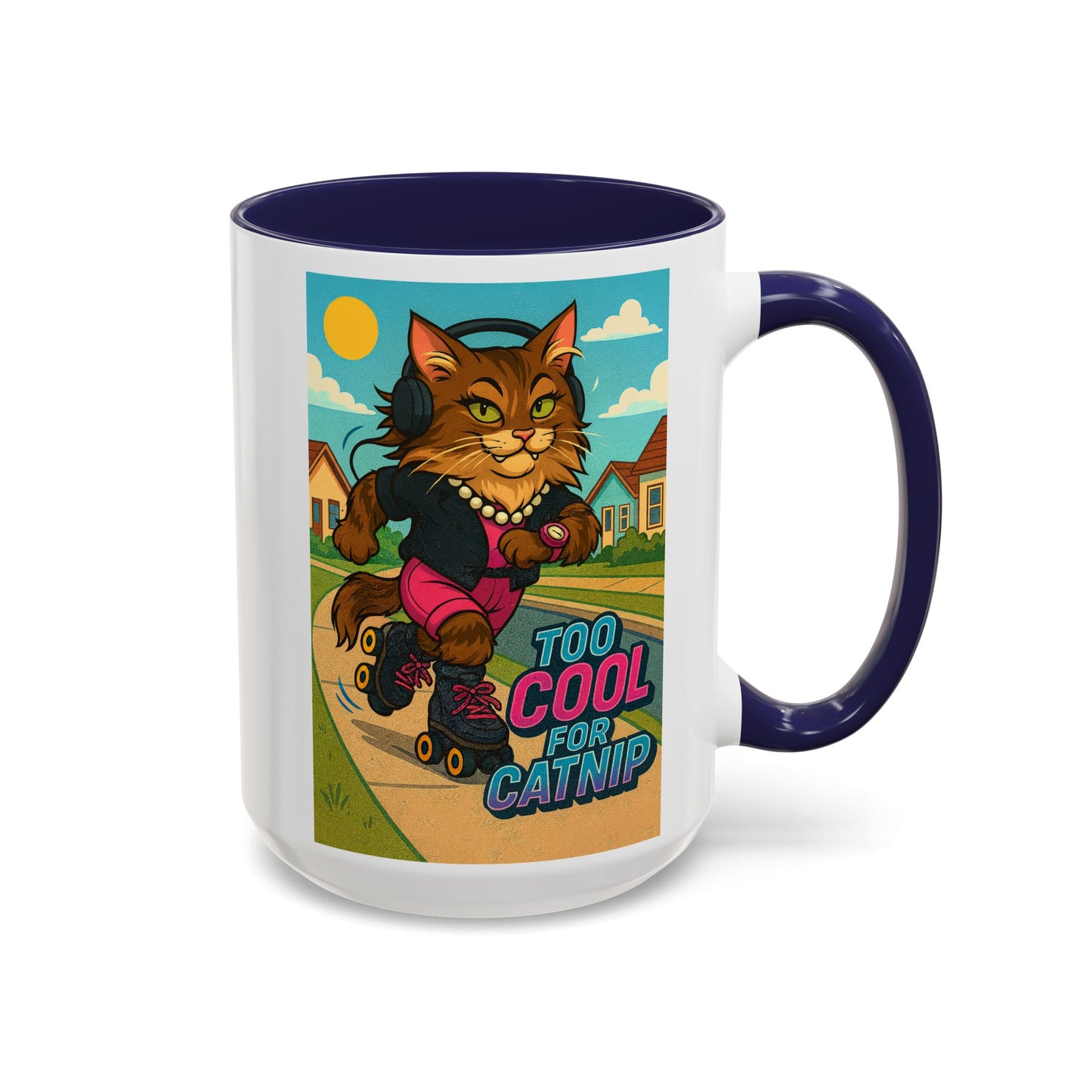 Female Maine Coon Cat Skater Mug – Too Cool for Catnip Retro Coffee Cup - Chubby Little Cheeks Co.