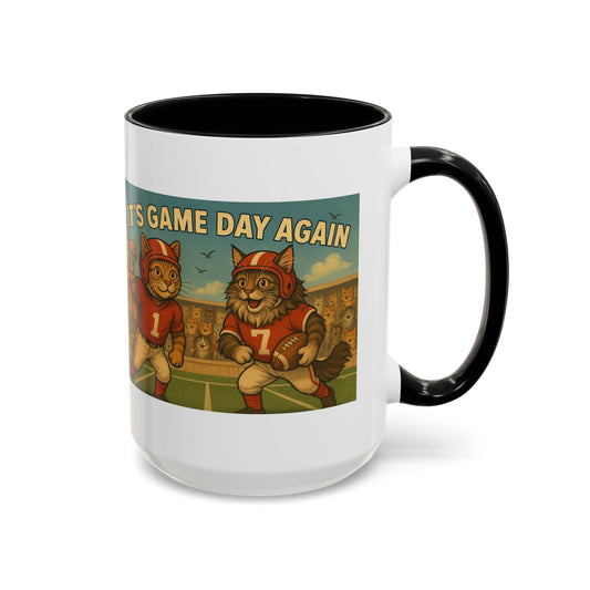 🏈 Game Day Cats Mug – Vintage Football Tabby & Maine Coon in Red Jerseys - Chubby Little Cheeks Co.