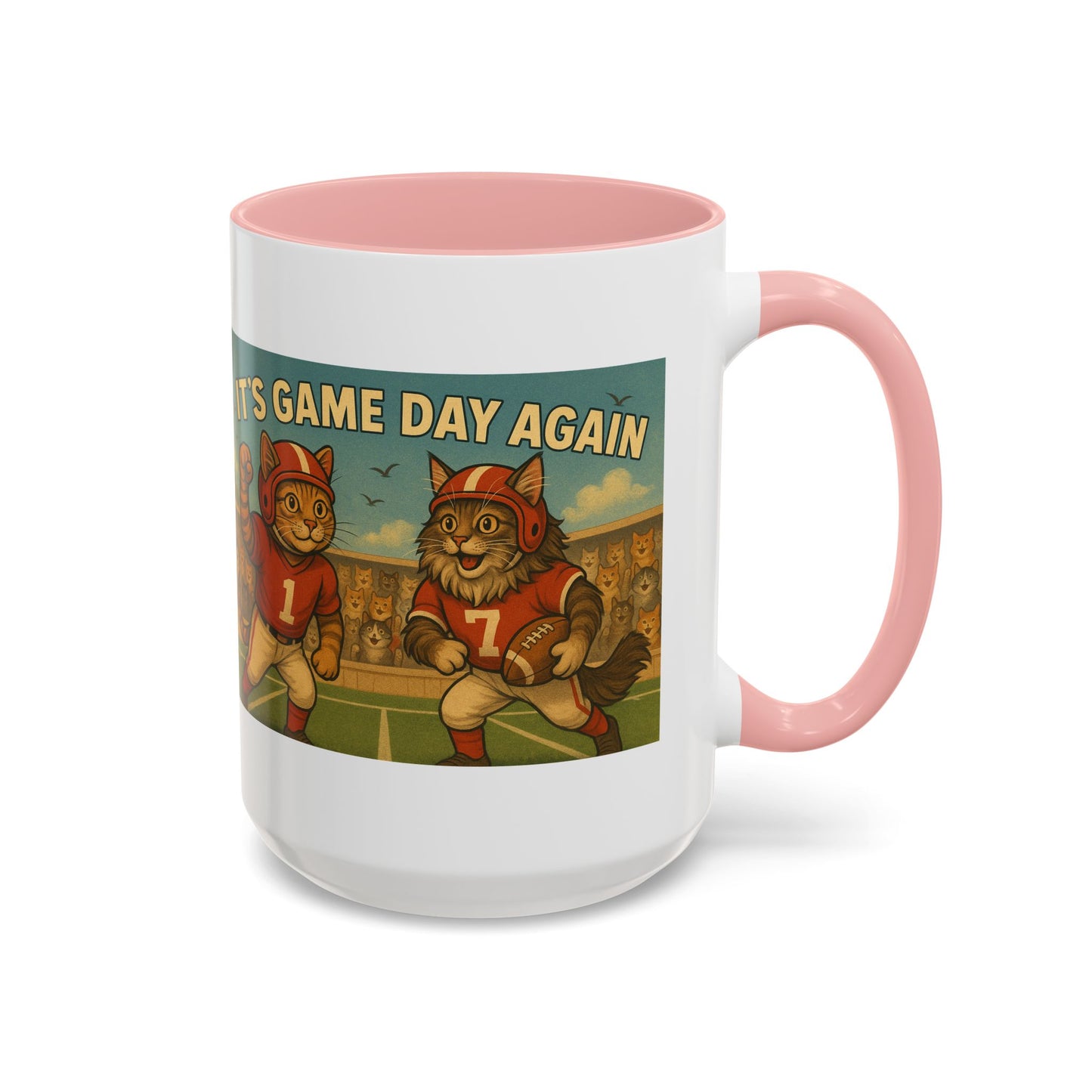 π Game Day Cats Mug β Vintage Football Tabby & Maine Coon in Red Jerseys - Chubby Little Cheeks Co.
