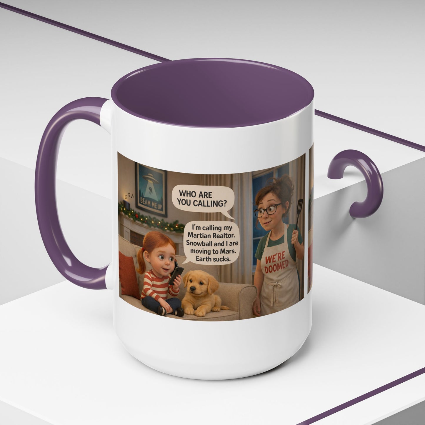 Dog Accent Coffee Mug — Funny "We're Doomed" Cartoon White Mom and Daughter Coffee Cup (15oz) - Chubby Little Cheeks Co.