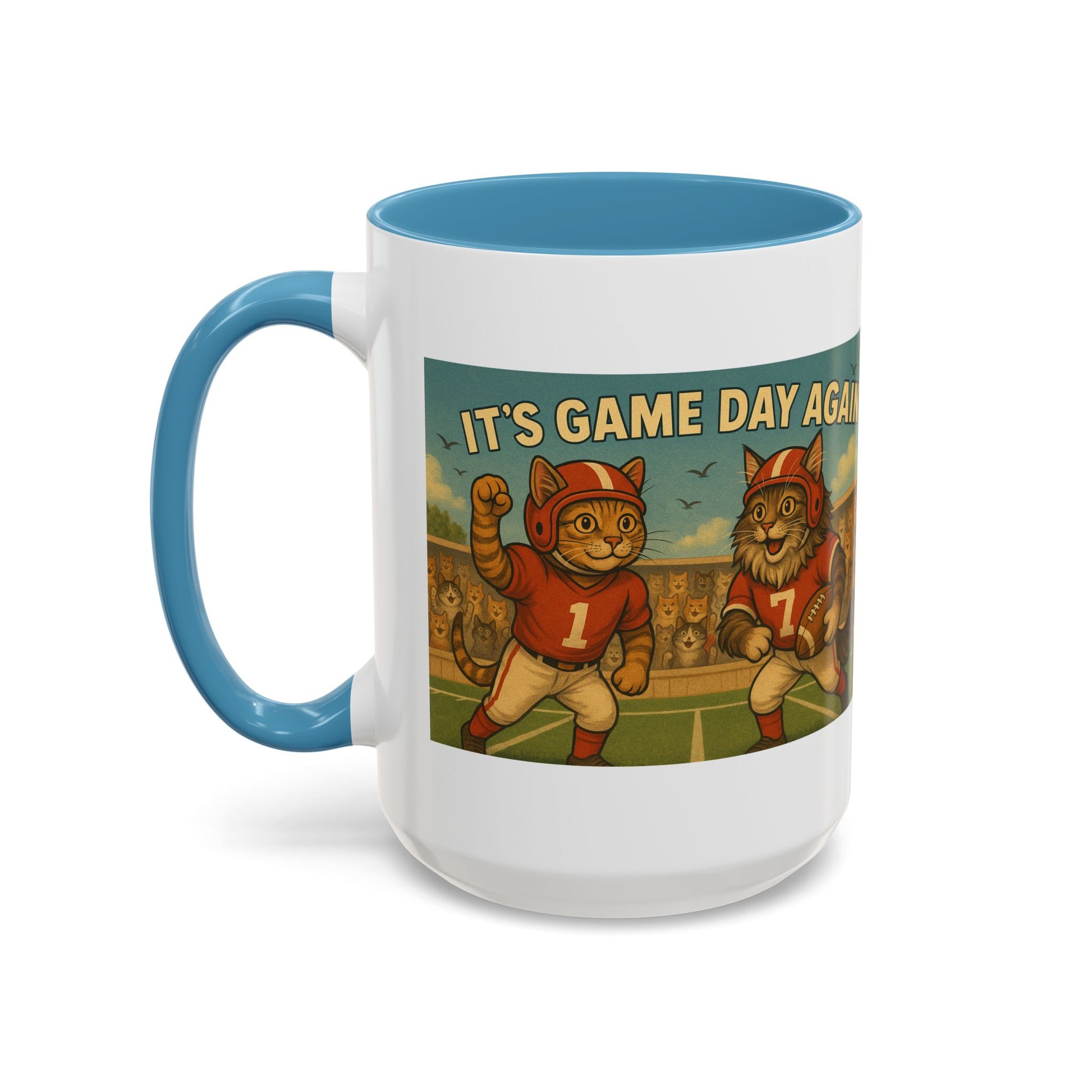 π Game Day Cats Mug β Vintage Football Tabby & Maine Coon in Red Jerseys - Chubby Little Cheeks Co.