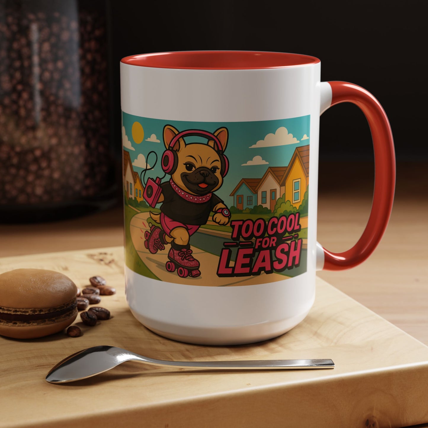 “Too Cool For Leash Mug – Retro Roller Skating Female French Bulldog in Pink & Black” - Chubby Little Cheeks Co.