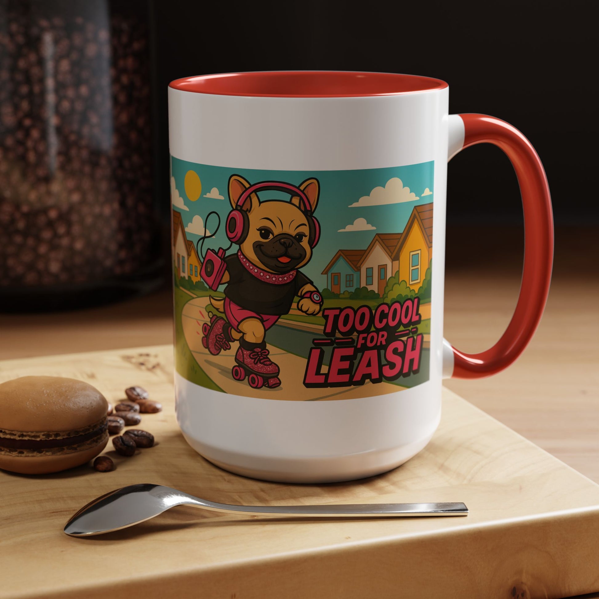 “Too Cool For Leash Mug – Retro Roller Skating Female French Bulldog in Pink & Black” - Chubby Little Cheeks Co.