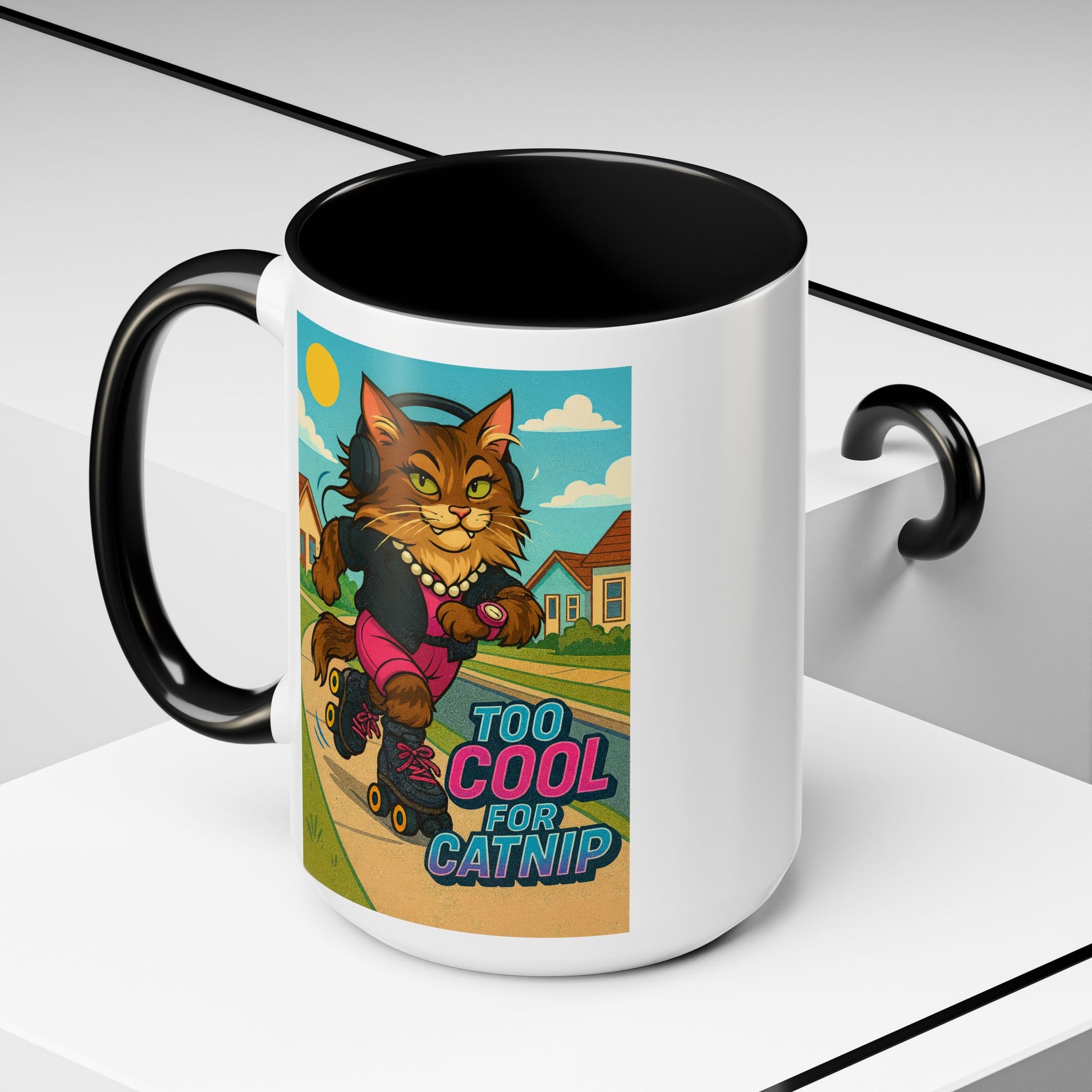 Female Maine Coon Cat Skater Mug – Too Cool for Catnip Retro Coffee Cup - Chubby Little Cheeks Co.