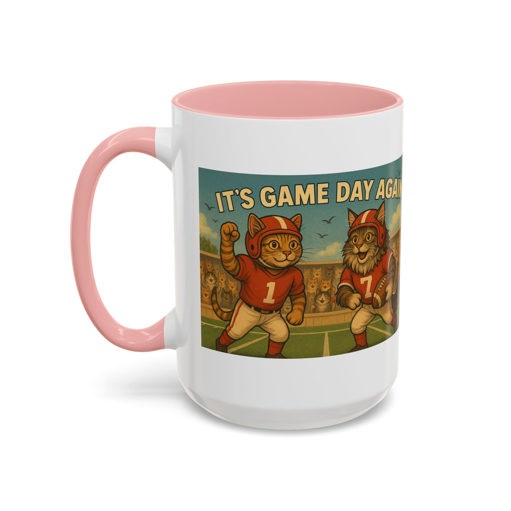 π Game Day Cats Mug β Vintage Football Tabby & Maine Coon in Red Jerseys - Chubby Little Cheeks Co.