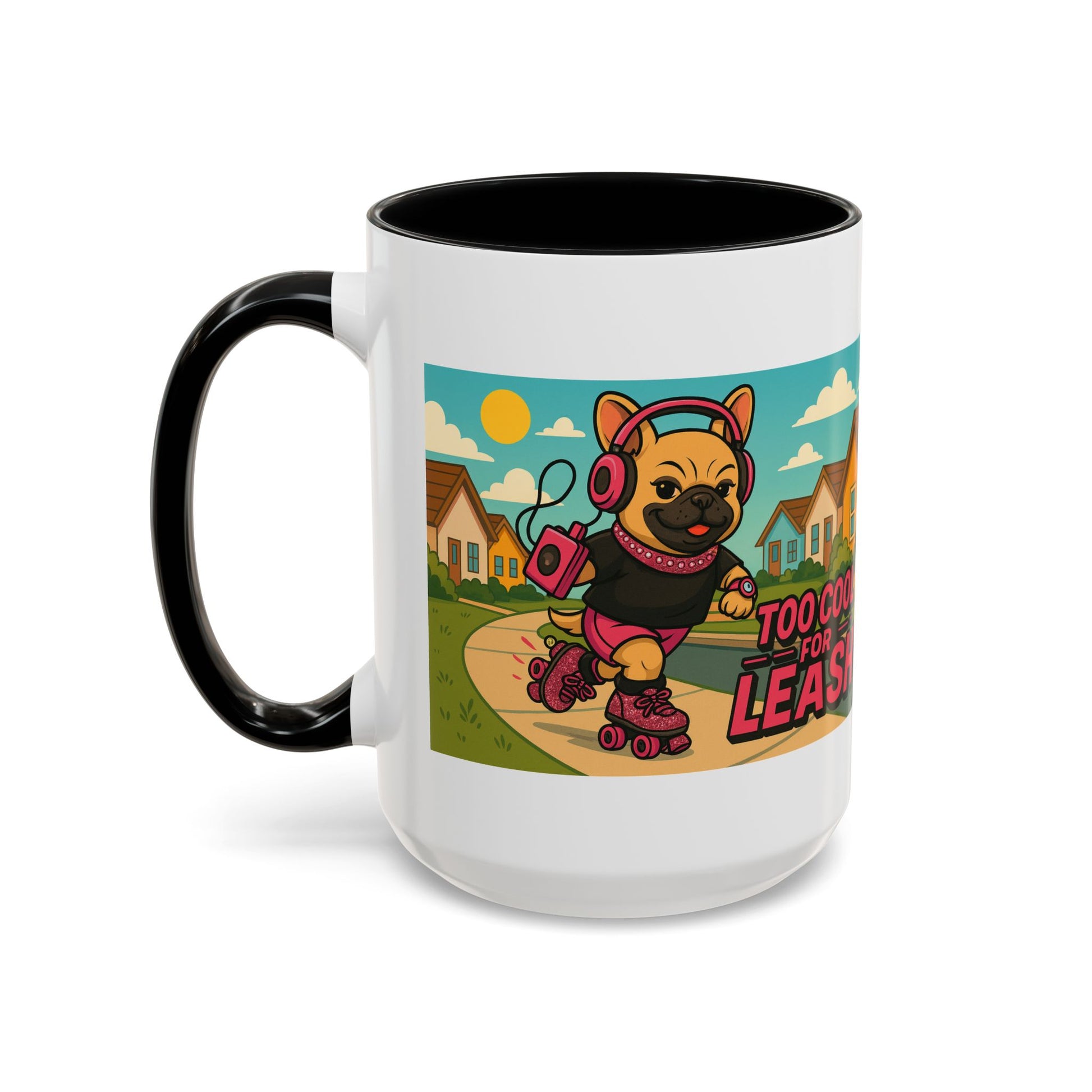 “Too Cool For Leash Mug – Retro Roller Skating Female French Bulldog in Pink & Black” - Chubby Little Cheeks Co.