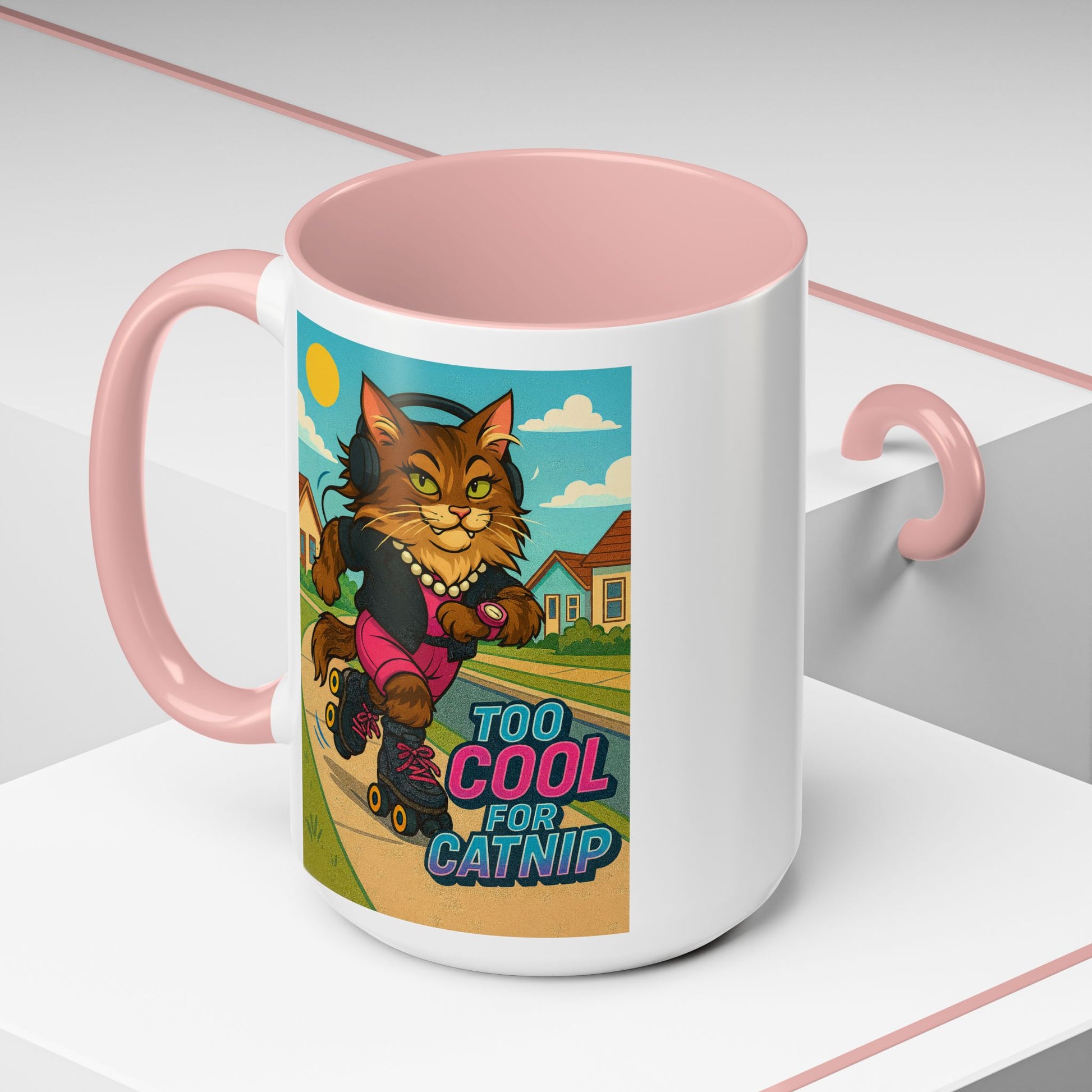 Female Maine Coon Cat Skater Mug – Too Cool for Catnip Retro Coffee Cup - Chubby Little Cheeks Co.