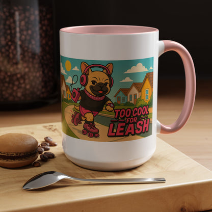 “Too Cool For Leash Mug – Retro Roller Skating Female French Bulldog in Pink & Black” - Chubby Little Cheeks Co.