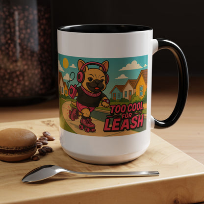 “Too Cool For Leash Mug – Retro Roller Skating Female French Bulldog in Pink & Black” - Chubby Little Cheeks Co.