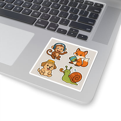 Playful Animal Sticker Set – Monkey, Fox, Dog & Snail | Cute Cartoon Stickers for Kids- Fun Desktop Decor - Chubby Little Cheeks Co.