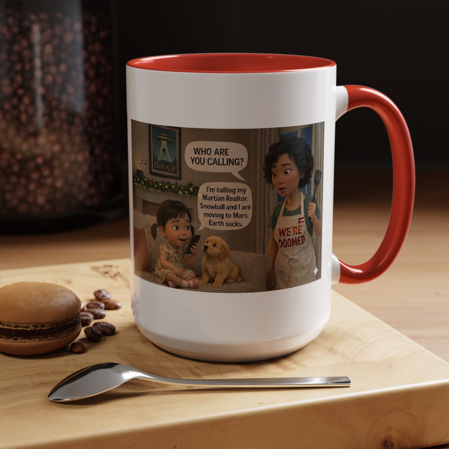 Dog Accent Coffee Mug — 'We're Doomed' Funny Asian Mom and Daughter Cartoon Coffee Mug (15oz) - Chubby Little Cheeks Co.