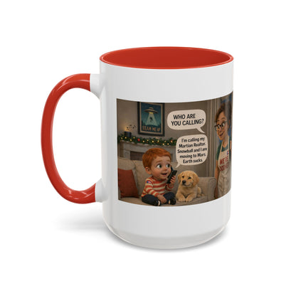 Dog Accent Coffee Mug —Funny Cartoon 'We're Doomed' White Mom and Son (15oz) - Chubby Little Cheeks Co.