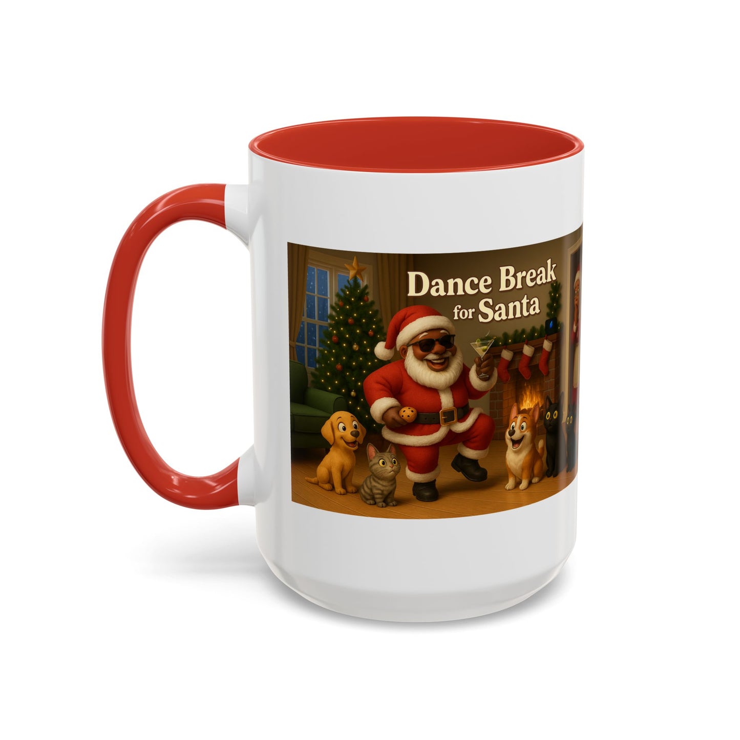 Dance Break for (Blk) Santa Coffee Mug — Festive Christmas Santa & Dogs Holiday Mug (15oz)
