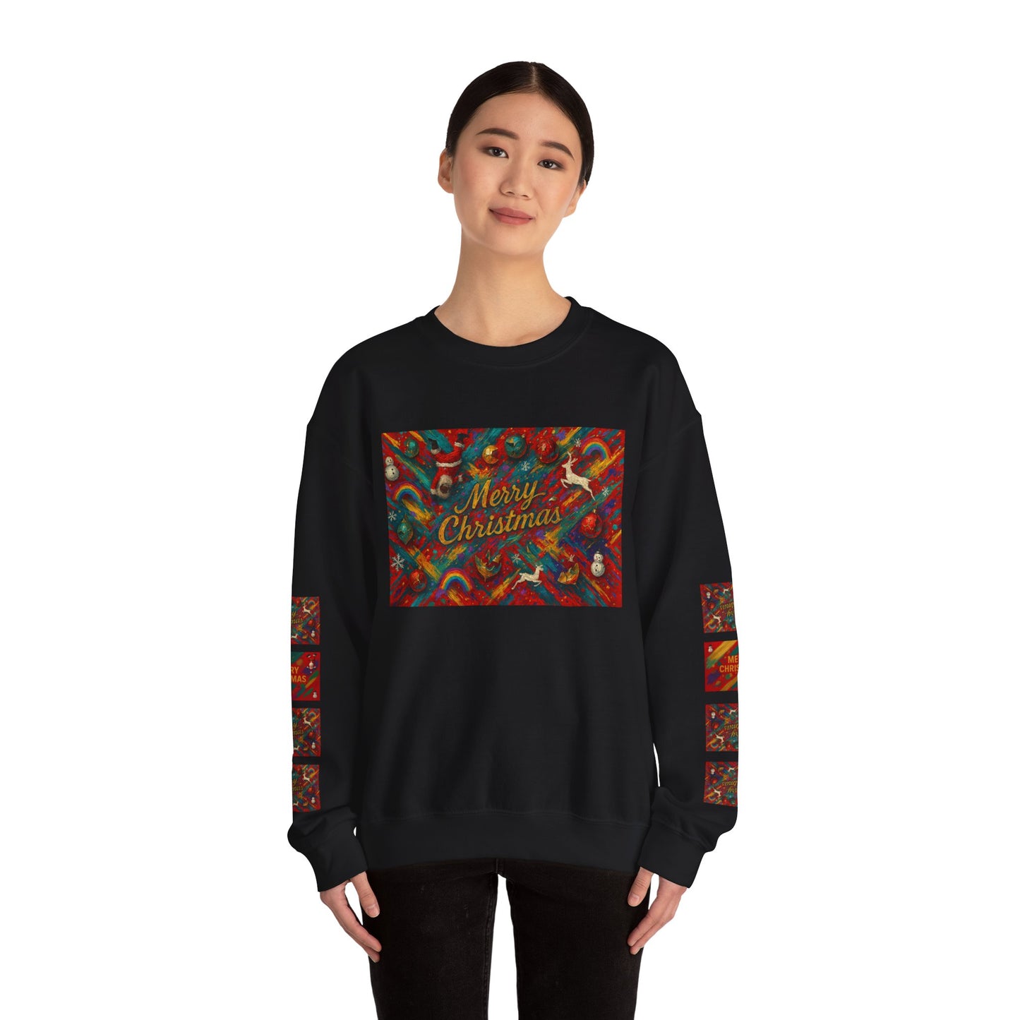 Merry Christmas Pattern Crewneck Sweatshirt — Festive Candy Cane Holiday Sweater
