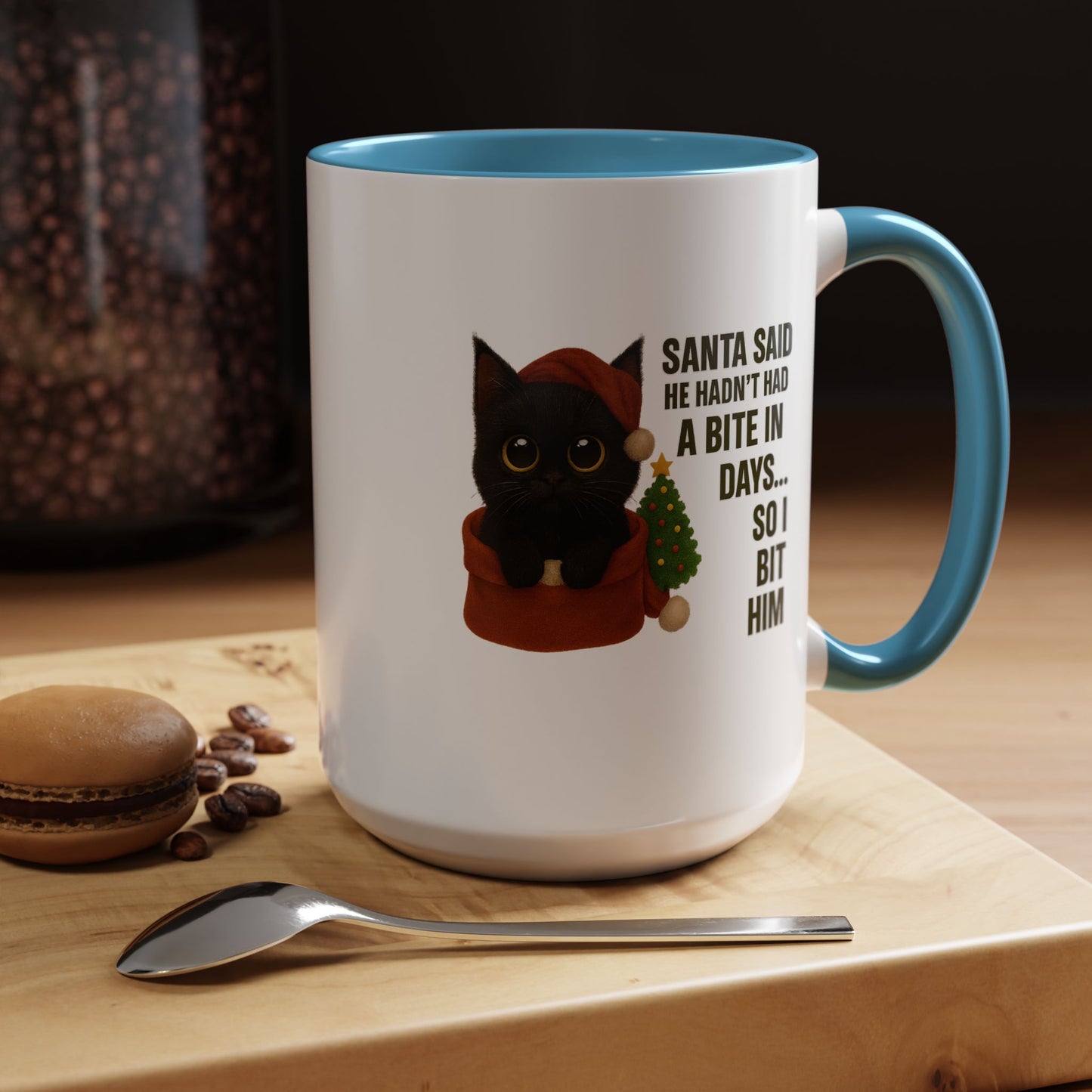 Black Short Hair Kitten Christmas Mug – “Santa Said He Hadn’t Had a Bite in Days… So I Bit Him”