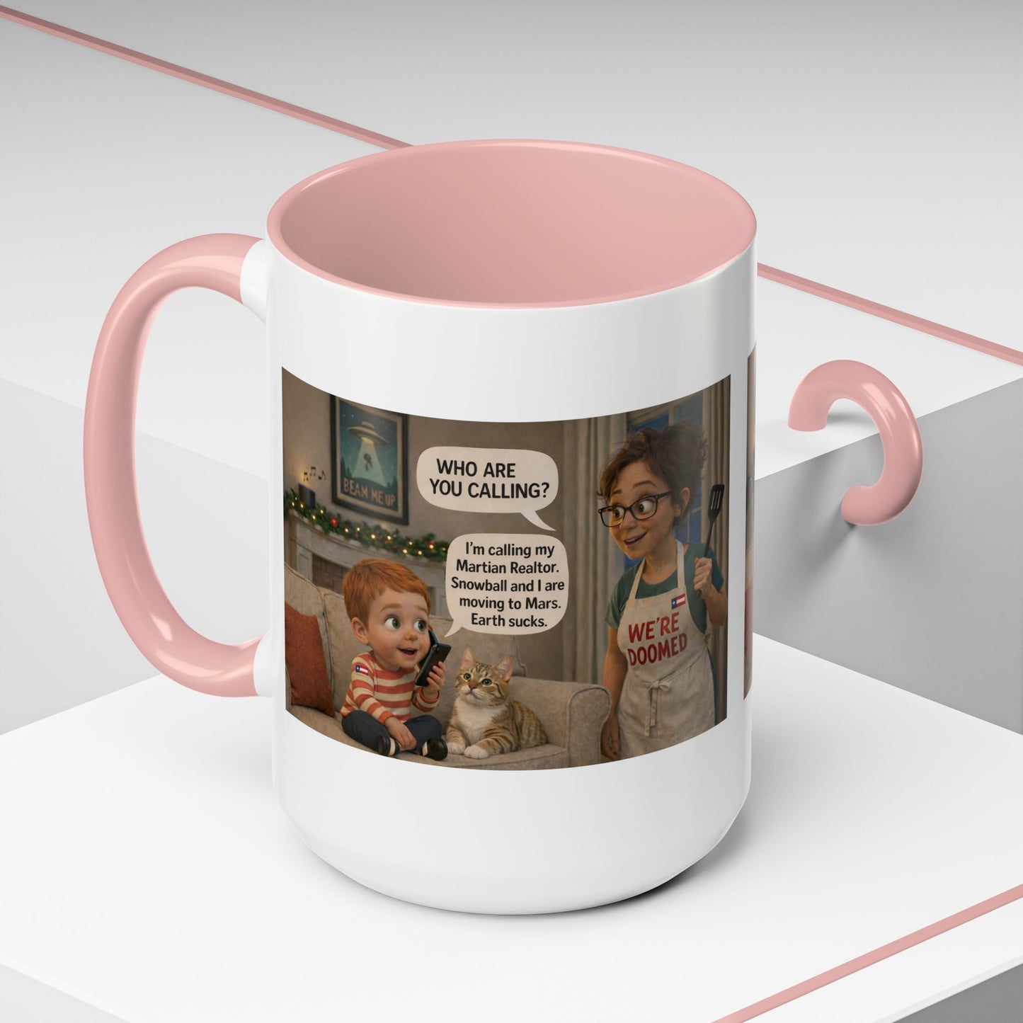 Cat Accent Coffee Mug — Funny White Mom and Son Cartoon "We're Doomed" Coffee Mug - Chubby Little Cheeks Co.