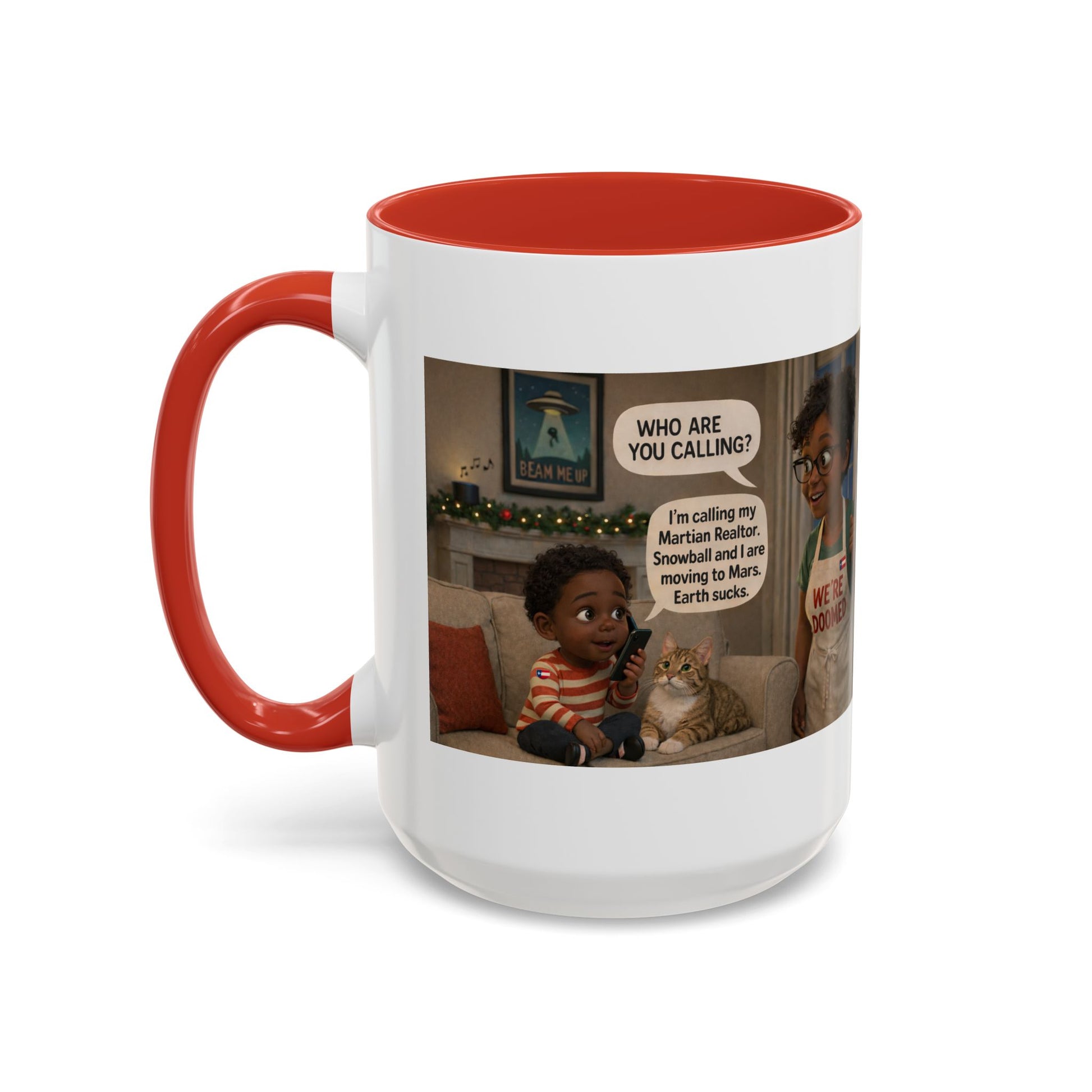 Cat Accent Coffee Mug - 'We're Doomed' Funny Black Mom and Son Coffee Mug-  (15oz) - Chubby Little Cheeks Co.