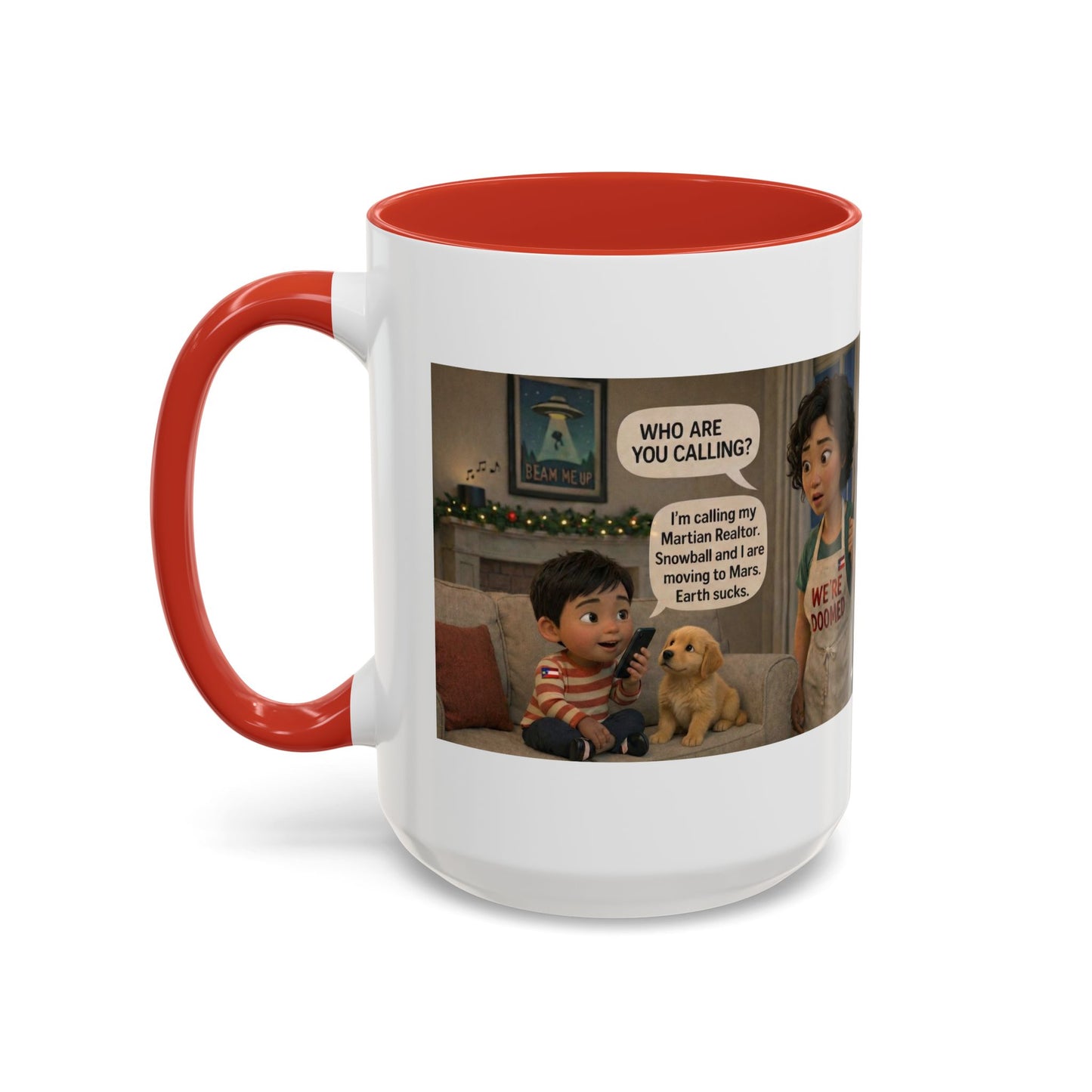 Dog Accent Coffee Mug — 'We're Doomed' Funny Asian Mom and Son Cartoon Coffee Mug (15oz) - Chubby Little Cheeks Co.