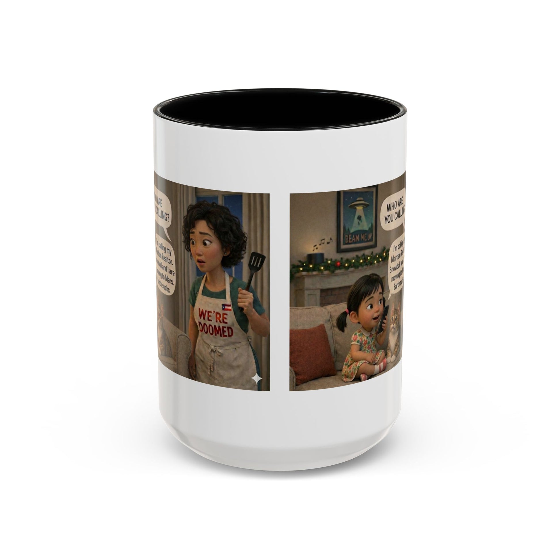 Cat Accent Coffee Mug — 'We're Doomed' Funny Asian Mom and Daughter Cartoon Coffee Mug-Girl (15oz) - Chubby Little Cheeks Co.