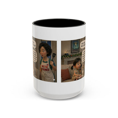 Cat Accent Coffee Mug — 'We're Doomed' Funny Asian Mom and Daughter Cartoon Coffee Mug-Girl (15oz) - Chubby Little Cheeks Co.