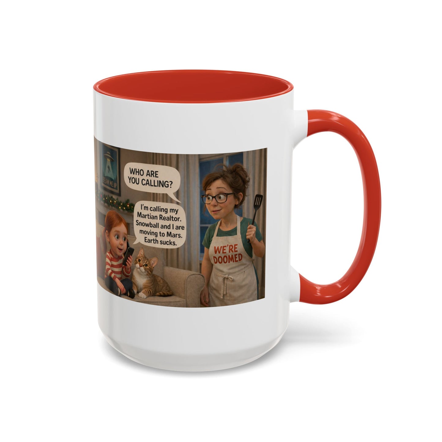 Cat Accent Coffee Mug — Funny 'We're Doomed' Funny White Mom and Daughter Cartoon - Chubby Little Cheeks Co.
