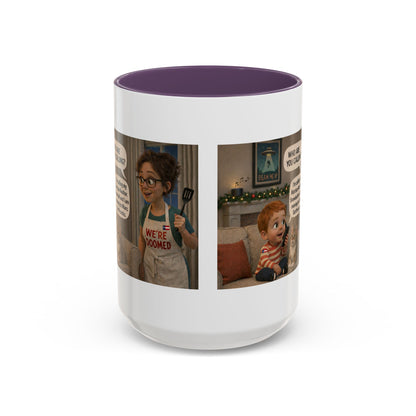 Cat Accent Coffee Mug — Funny White Mom and Son Cartoon "We're Doomed" Coffee Mug - Chubby Little Cheeks Co.