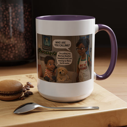 Dog Accent Coffee Mug – 'We're Doomed' Funny Cartoon Black Mom and Son Accent Mug (15 oz) - Chubby Little Cheeks Co.