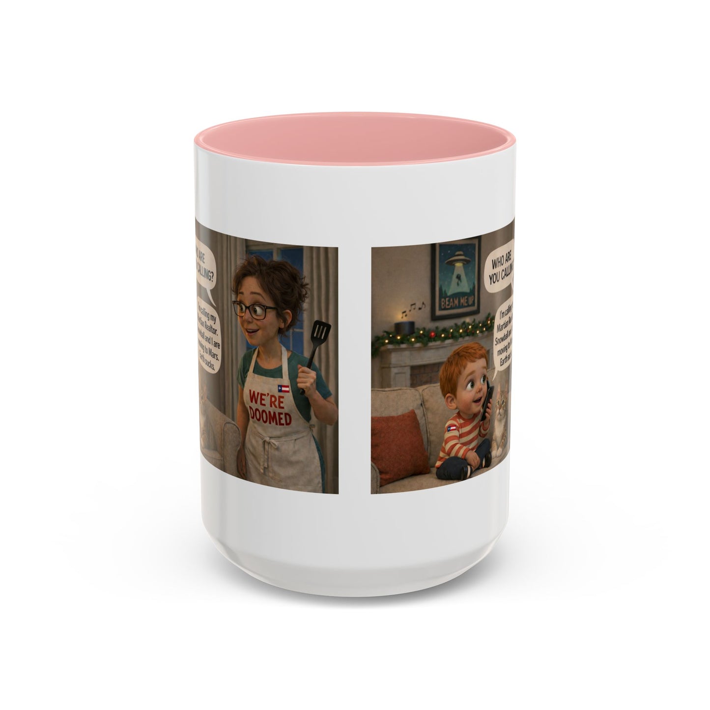 Cat Accent Coffee Mug — Funny White Mom and Son Cartoon "We're Doomed" Coffee Mug - Chubby Little Cheeks Co.