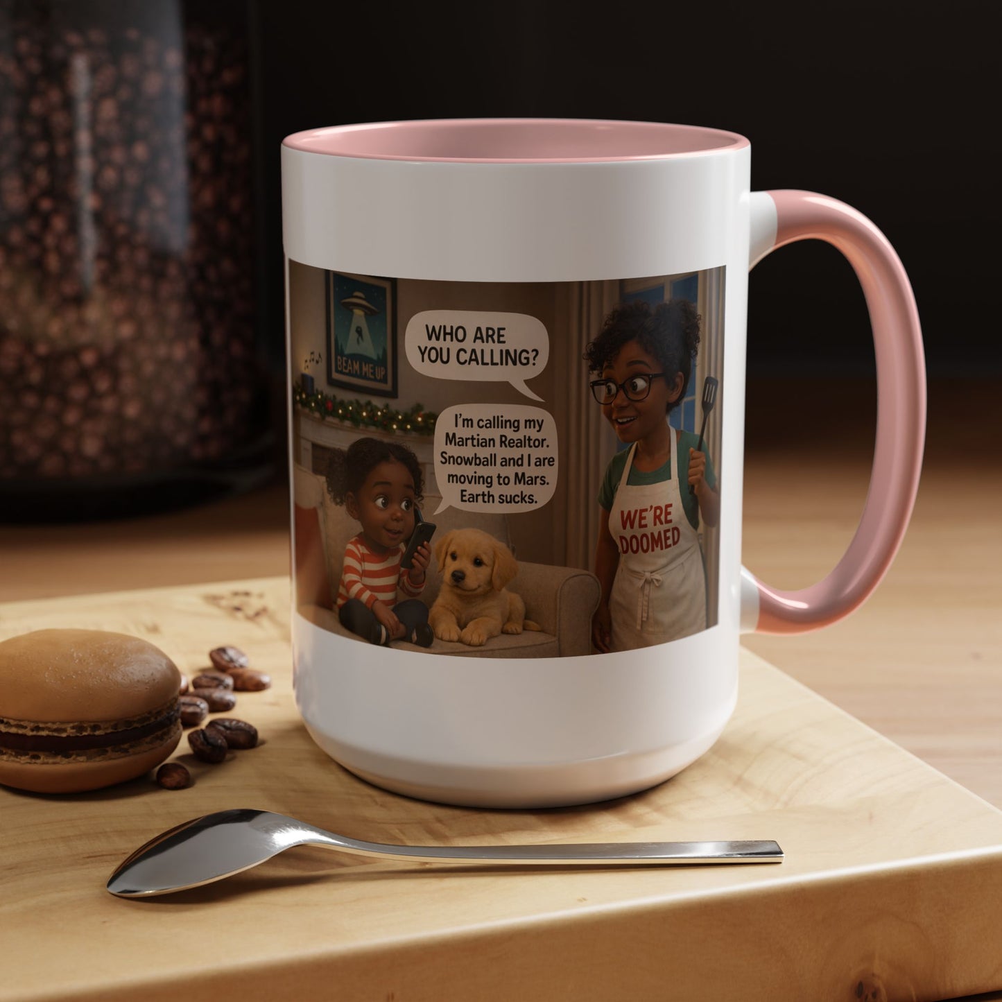 Dog Accent Coffee Mug — 'We're Doomed' Funny Black Mom and Daughter Coffee Cup (15 oz) - Chubby Little Cheeks Co.