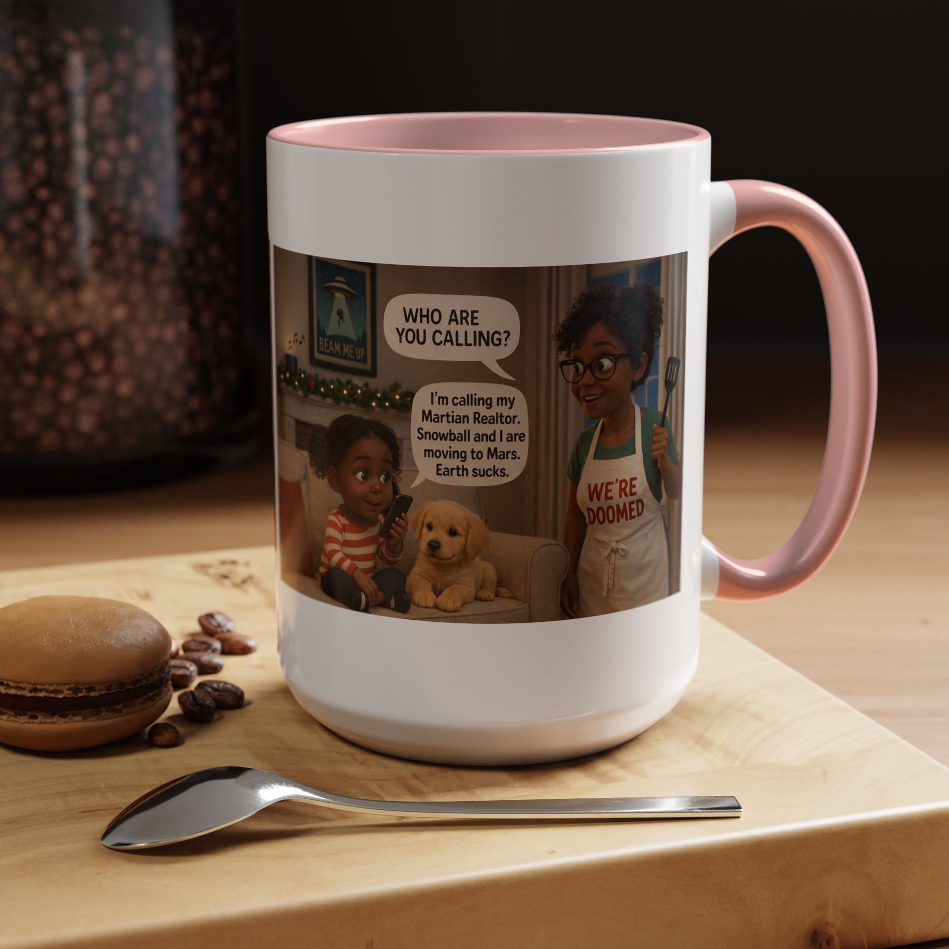Dog Accent Coffee Mug — 'We're Doomed' Funny Black Mom and Daughter Coffee Cup (15 oz) - Chubby Little Cheeks Co.