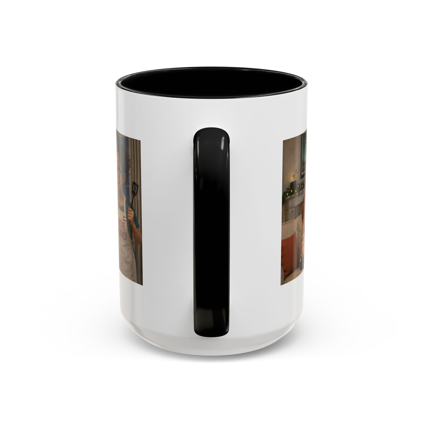 Dog Accent Coffee Mug —Funny Cartoon 'We're Doomed' White Mom and Son (15oz) - Chubby Little Cheeks Co.