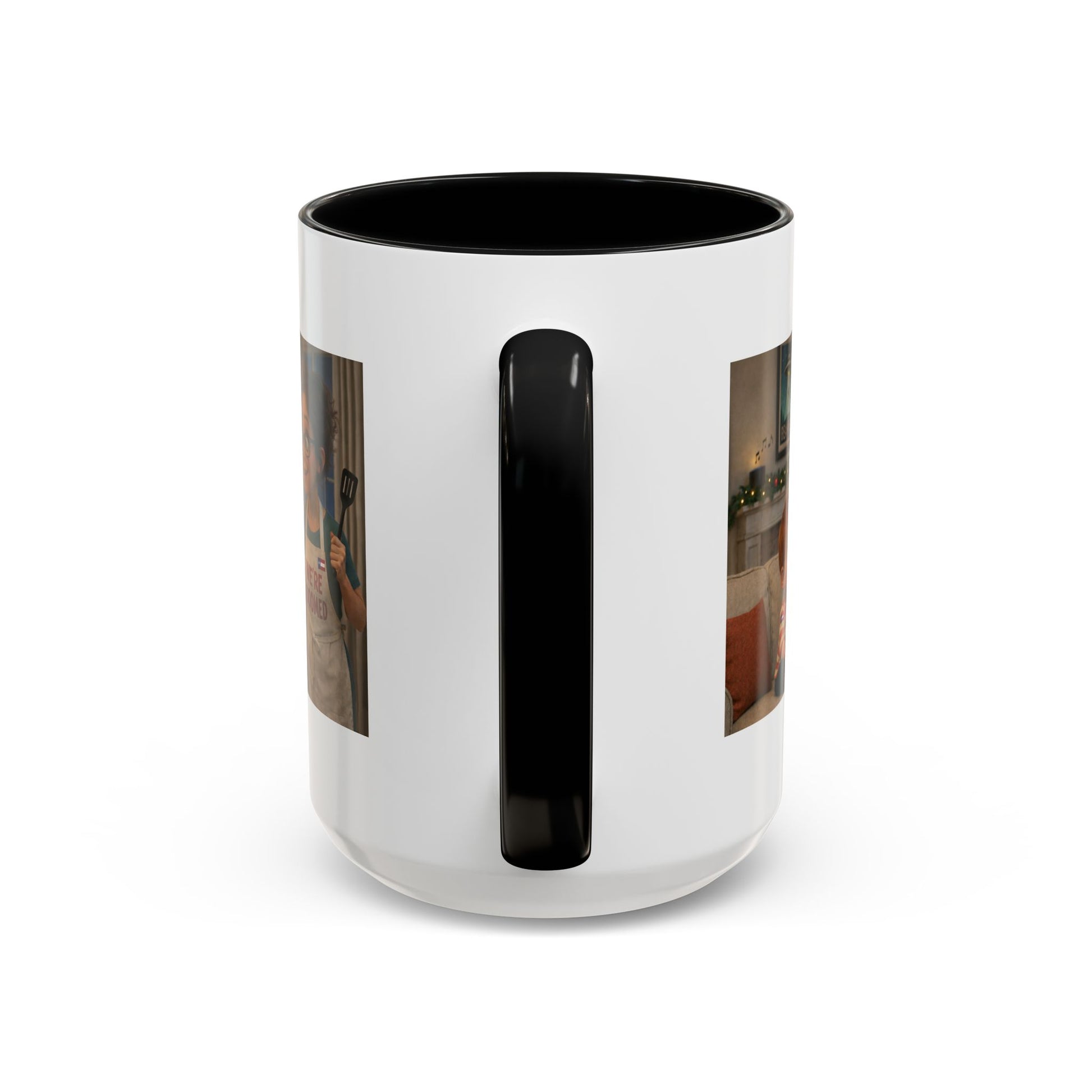 Dog Accent Coffee Mug —Funny Cartoon 'We're Doomed' White Mom and Son (15oz) - Chubby Little Cheeks Co.